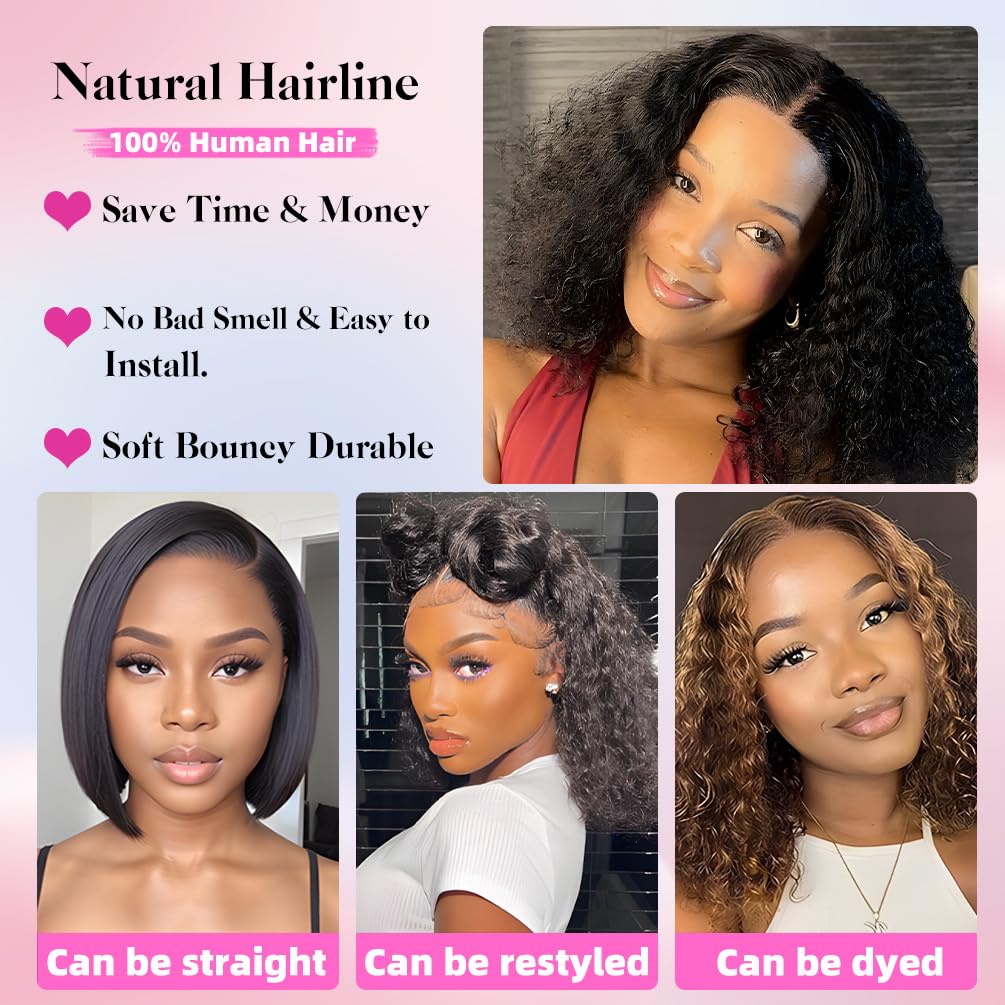 ISWEET HD Glueless Wigs Human Hair Pre Plucked Pre Cut Bob 4x4, 18 Inch Burgundy 210% Density Hairline Curly Bob Wig Human Hair, Wear and Go Deep Wave Lace Front Wigs Human Hair for Black Women