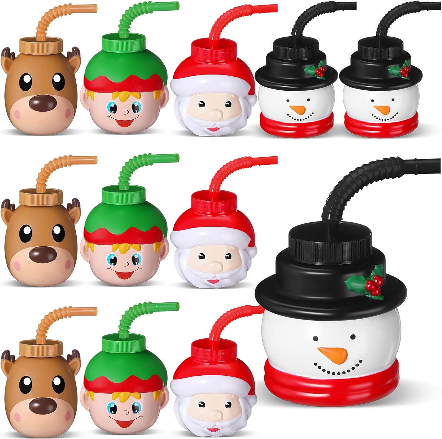 Sliner 12 Pack Christmas Party Favor Gift Cups with Straws and Lids,10 oz Christmas Plastic Cups Cute Santa Claus Elk Snowman for Winter Xmas Holiday Birthday Party Gifts Supplies