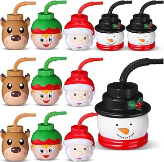 Sliner 12 Pack Christmas Party Favor Gift Cups with Straws and Lids,10 oz Christmas Plastic Cups Cute Santa Claus Elk Snowman for Winter Xmas Holiday Birthday Party Gifts Supplies