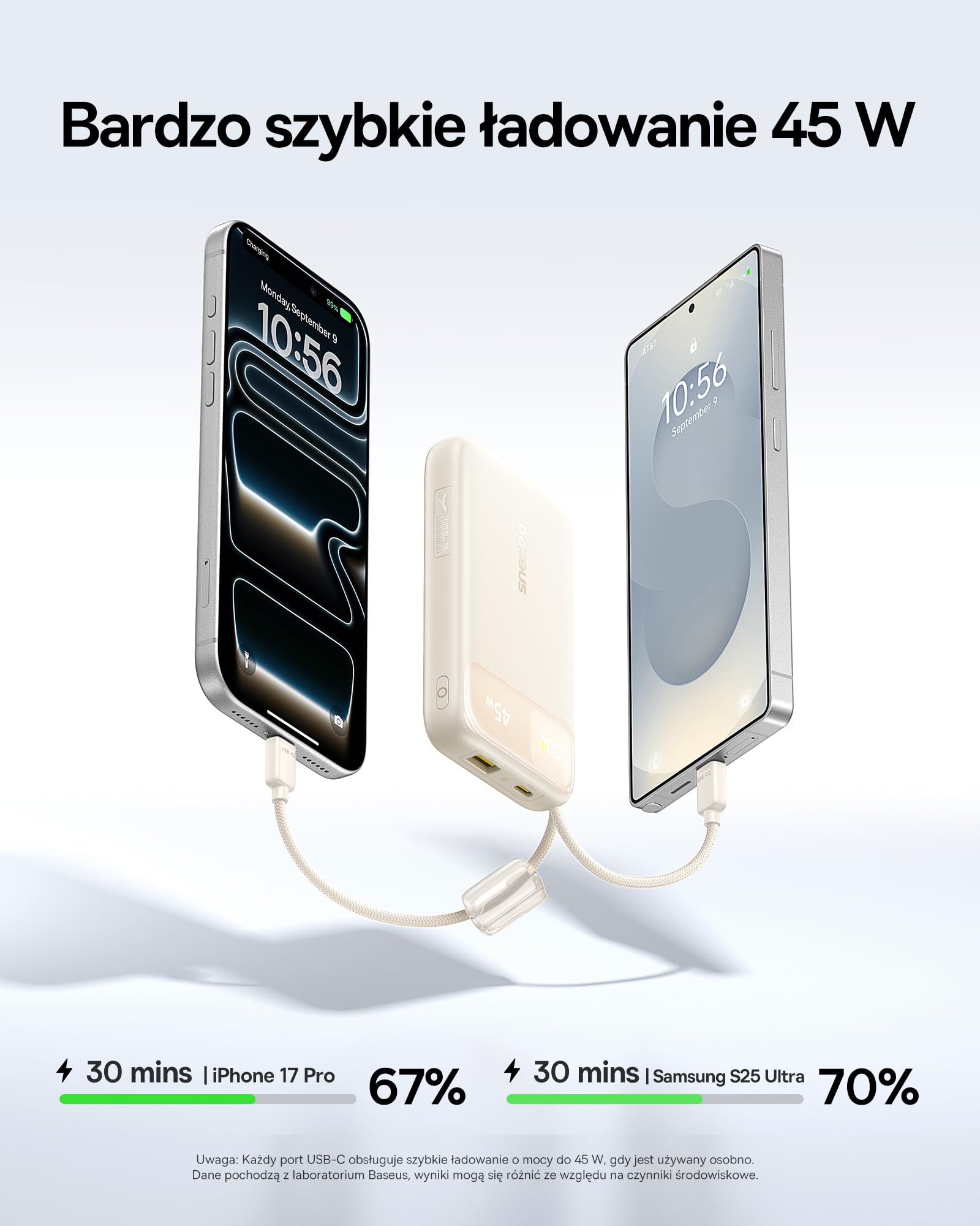 Baseus FC11 Power Bank 45 W 20000 mAh przenośna ładowarka z podwójnym wbudowanym kablem, mały powerbank CCC z inteligentnym wyświetlaczem, zwijany kabel, akumulator do iPhone'a 17/16, iPada, laptopa