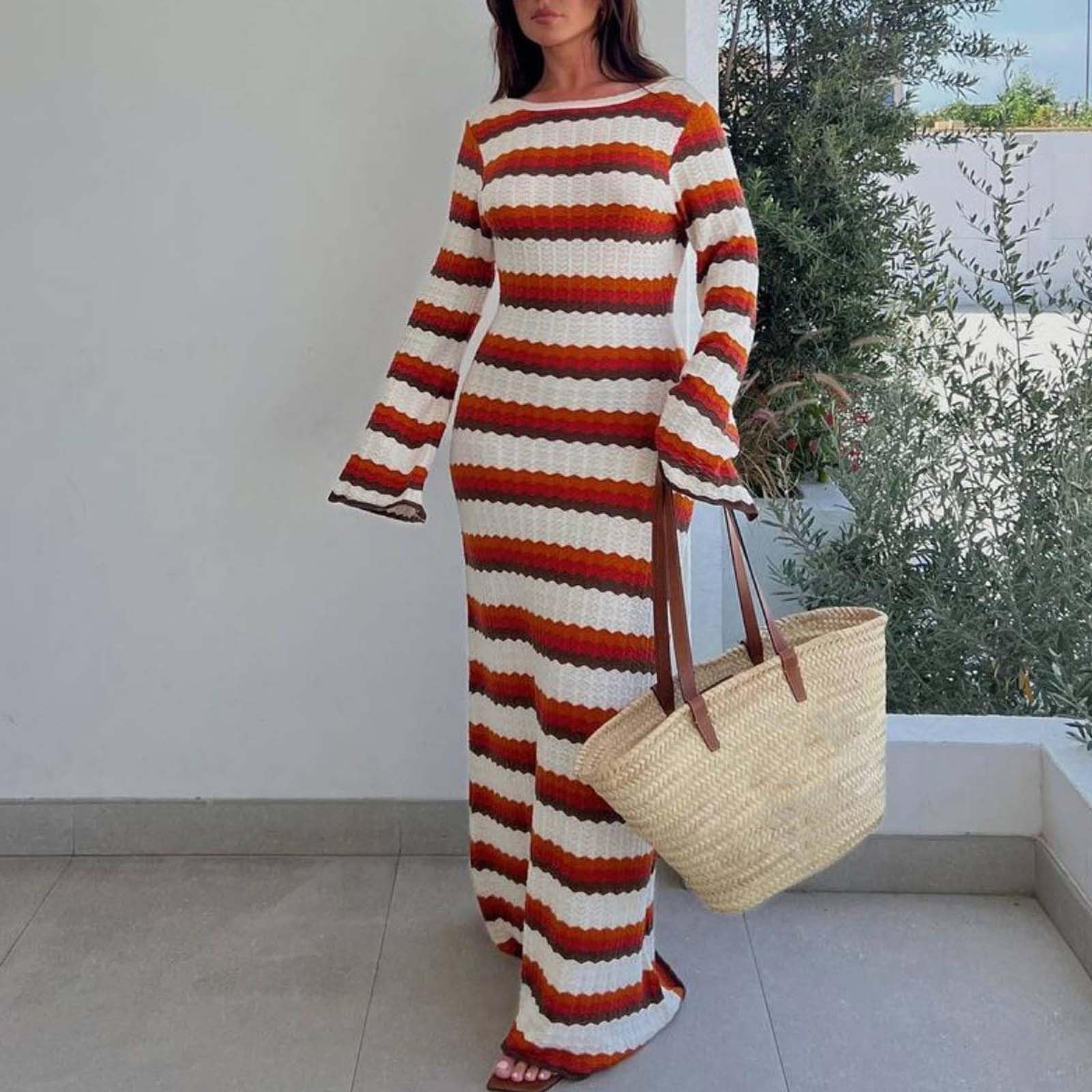 Abito lungo sexy da donna a righe a contrasto in spiaggia vacanza lavorato a maglia scava fuori