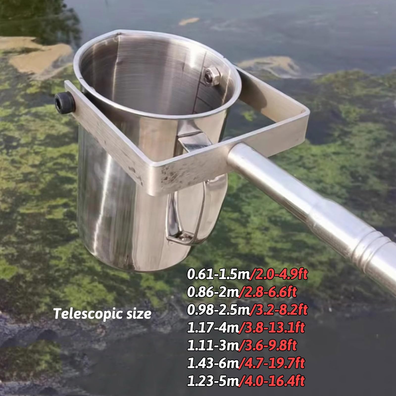 Dispositivo De Toma De Muestras Líquidas Con Pértiga Extensible | Vaso medidor de plástico o acero inoxidable, Muestras De Calida para lagos, ríos y pozos(Metal 1000ml,2.0m/6.6ft)