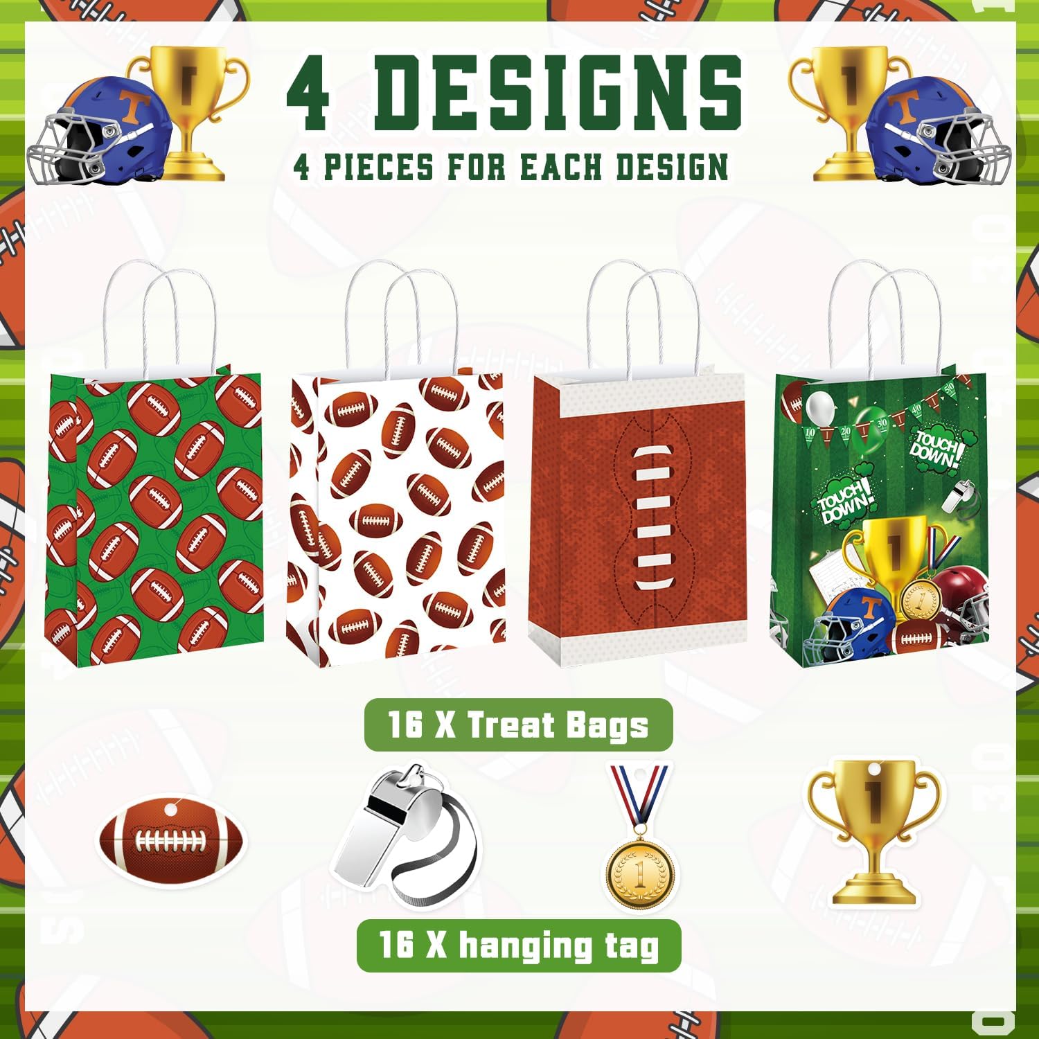 Mpanwen Football Goodie Bags, 16 Pcs Football Themed Party Favor Candy Treat Gifts Bags With Handle for Birthday Baby Shower Holiday Party Decorations - Image 2