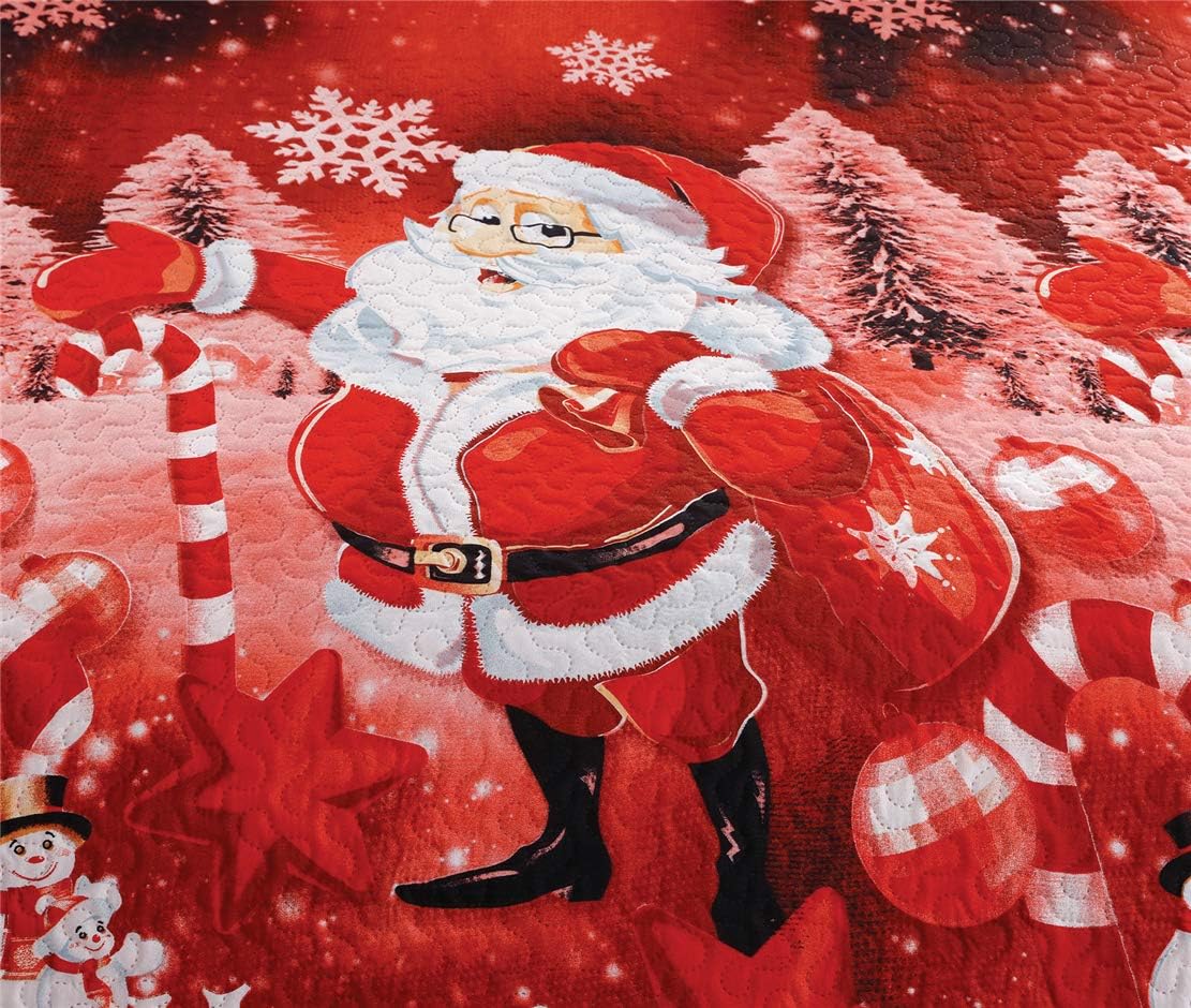 Jarson 3Pcs Christmas Quilt Set Full/Queen Size Lightweight Bedspreads,Lovely Santa Claus Printed Coverlet Set Reversible Bedding Cover New Year's Decoration,Red