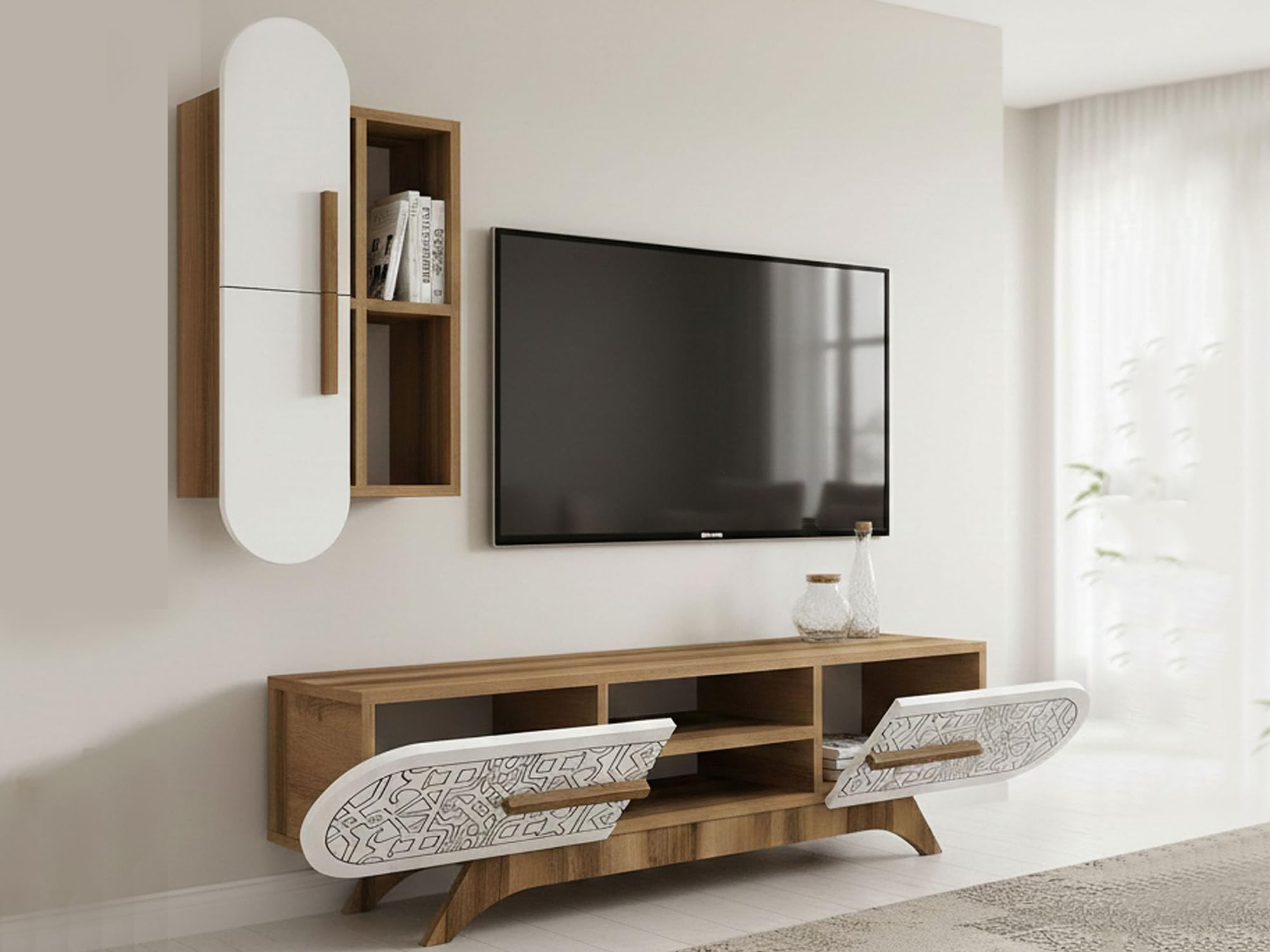 Dmora - Parete attrezzata Nemb, Composizione soggiorno, Mobile salotto multiuso, Armadio porta TV, 145x35h37 cm, Noce e Bianco