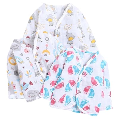 POLKA TOTS Unisex Cotton Full Sleeve Muslin Button Jhabla for Babies | Pack of 3 (1-3 M)