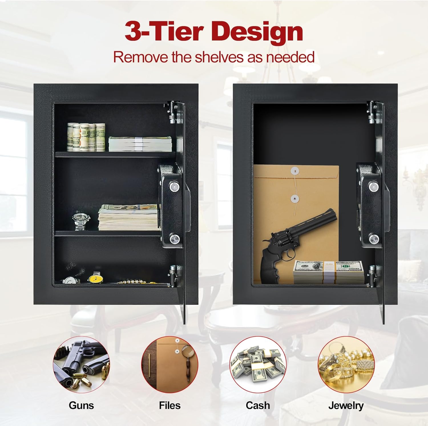 Goplus Wall Safe, 22” Tall Electronic Wall Mount Safe Between the Studs,Hidden Safe with Digital Keypad, Removable Shelves, In Wall Safe for Firearms, Gun, Valuables (Black)