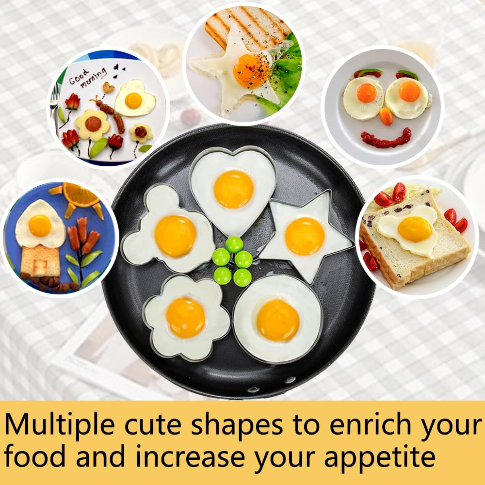 Stainless Steel Egg Cooking Rings - 5 Pack Griddle Set, Heart, Flower, Star, Micha, Round Pancake Molds, Yellow - Image 3
