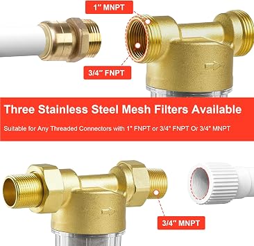 Spin Down Sediment Filter, Inline Water Filter for Home Well Water, 40/100/200 Micron Whole House Prefilter Filtration System, 1 MNPT + 3/4 FNPT + 3/4MNPT, Lead-Free Brass