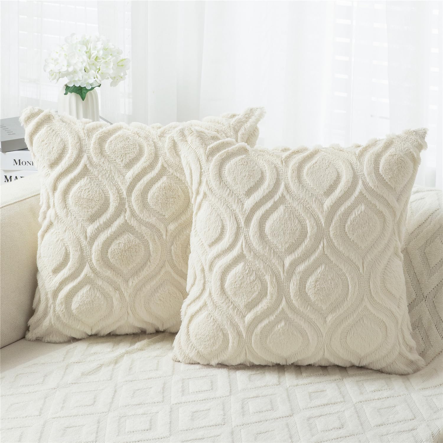 BVEED Throw Pillow Covers 24x24 Set of 2 Boho Decorative Pillow Covers Luxury Soft Plush Short Faux Wool Cushion Covers for Couch Sofa Bedroom Living Room,Beige