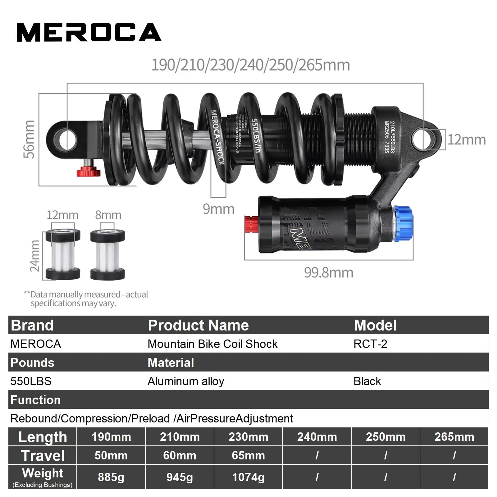 MEROCA Einstellbarer Luftfeder-Spiralfeder-Über-Stoßdämpfer für Mountainbikes, 190-265mm, 550LBS-Feder, Rückprall, Kompression, Vorspannung und Luftdruck (200-300 PSI) Passend für MTB/Downhill/E-Bikes
