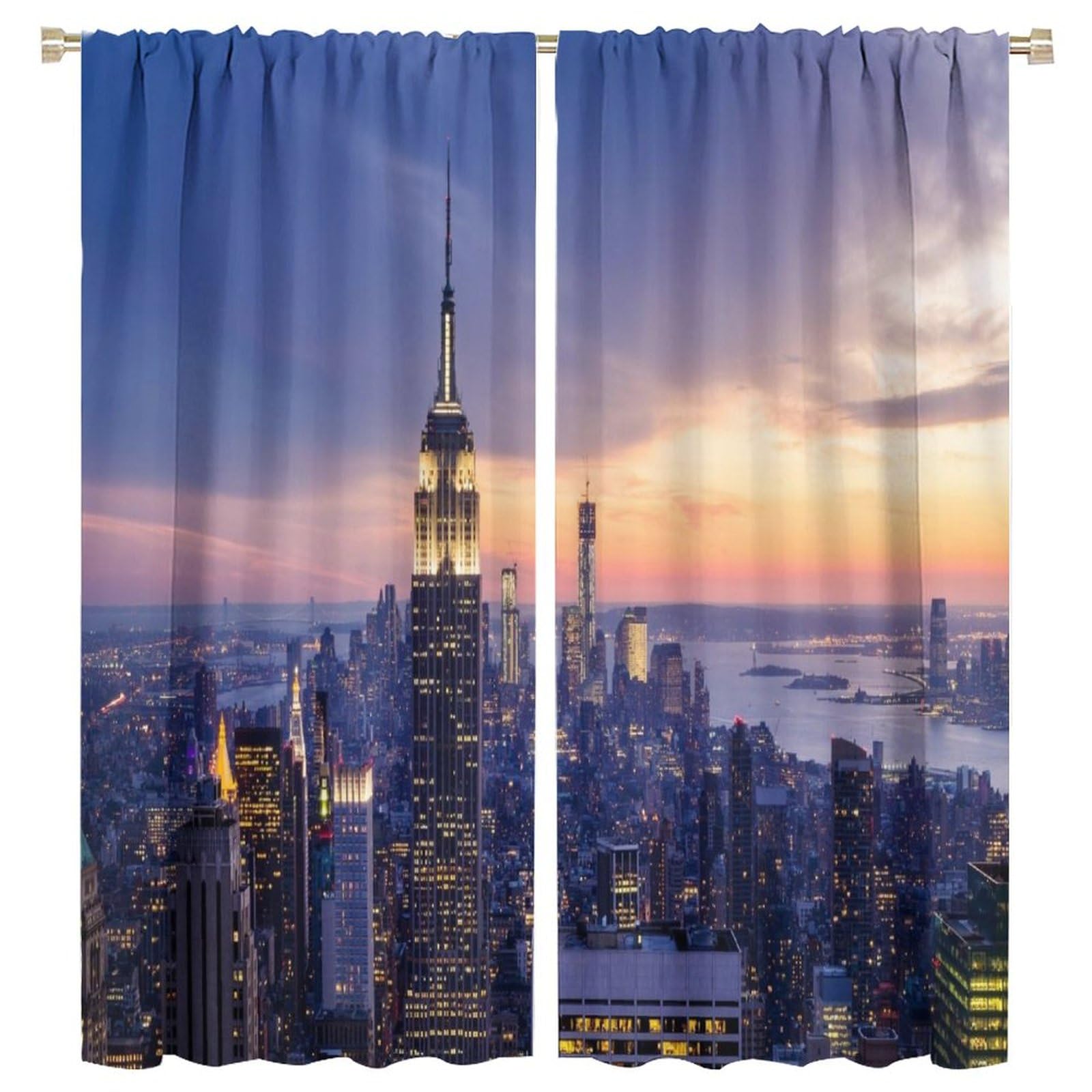 Modern Curtains, New York City Skyline with A Skyscrapers at The Night with Sunset American Urban Li for Living Rooms and Bedrooms Drapes 2 Panels 63x72in