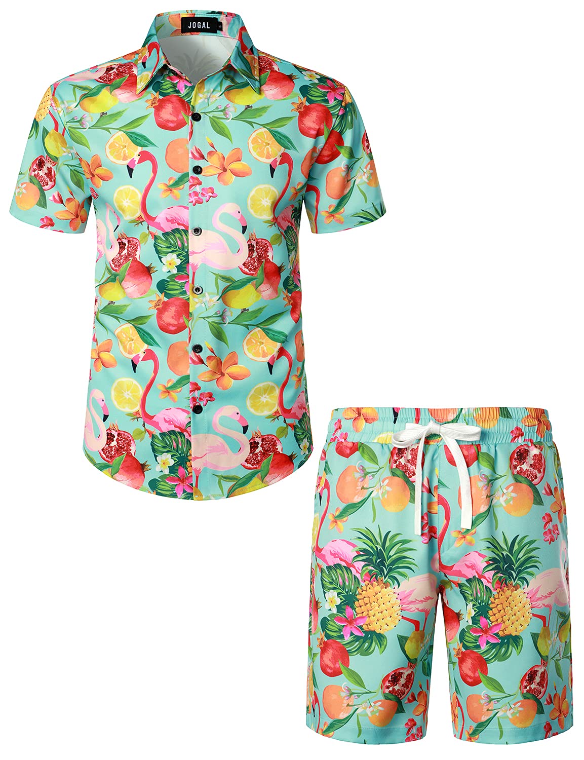 JOGAL Camicia hawaiana da uomo con fenicottero, a maniche corte e pantaloni corti, set da spiaggia