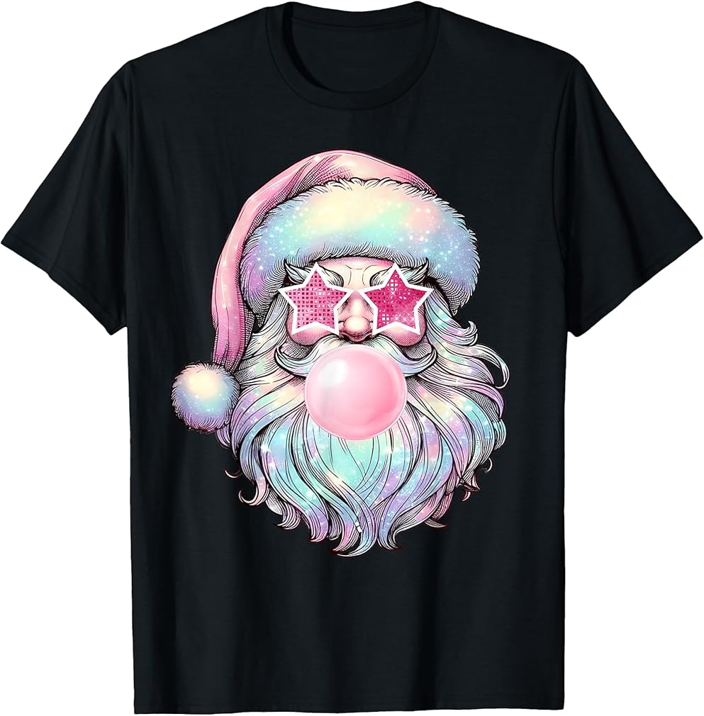 Santa Claus Blowing Pink Bubble Christmas Xmas Vintage T-Shirt