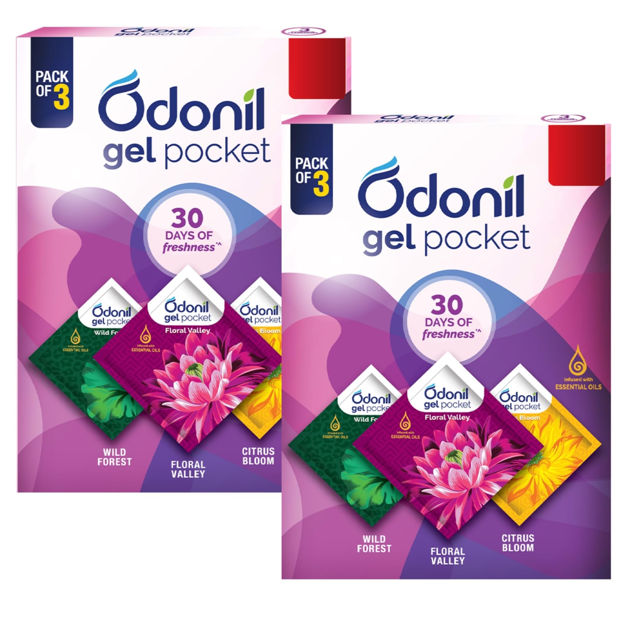 Odonil Gel Pocket Mix - 60g (10g x 6) | Assorted pack of 3 new fragrances | Infused with Essential Oils | Germ Protection | Lasts Up to 30 days | Air Freshener for Bathroom, Toilet, Home & Office
