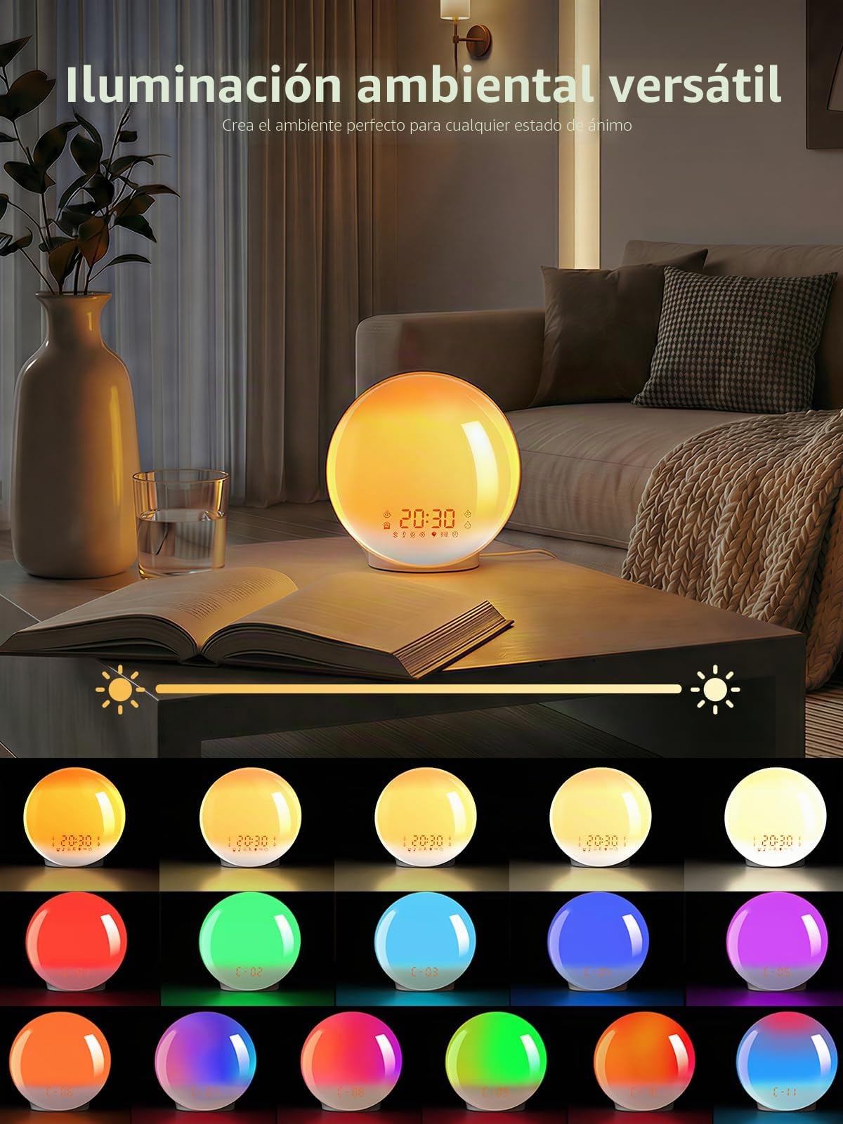 Reloj despertador de amanecer, luz de despertar con simulación de amanecer/atardecer, control de aplicación, 4 alarmas, calibración automática de tiempo, función de repetición, radio FM, 7 sonidos