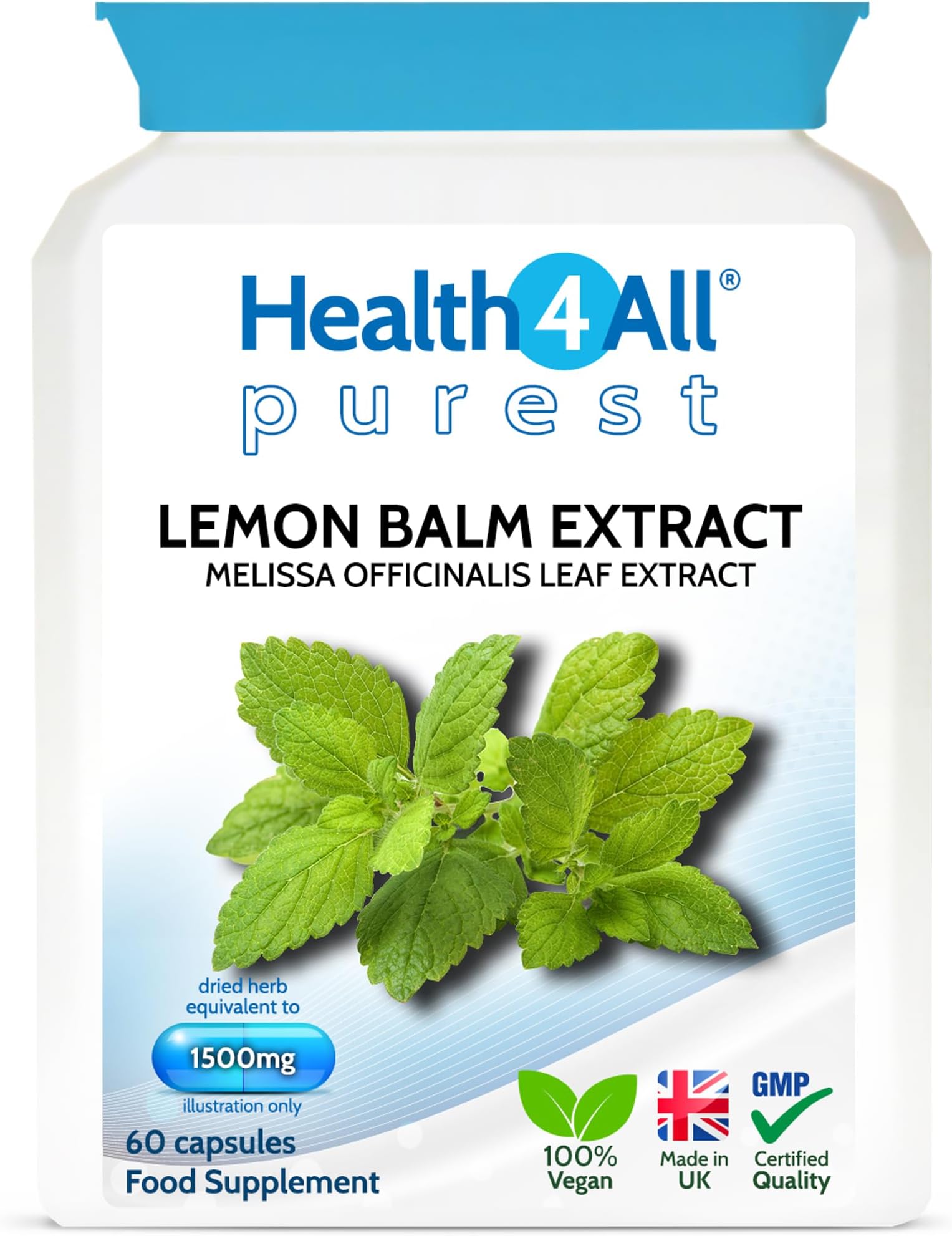 Lemon Balm Extract 1500mg per Capsule, 60 Capsules 2 Months Supply, High Strength Vegan Melissa for Anxiety, Sleep Support Supplement, Purest: no additives | Made in UK