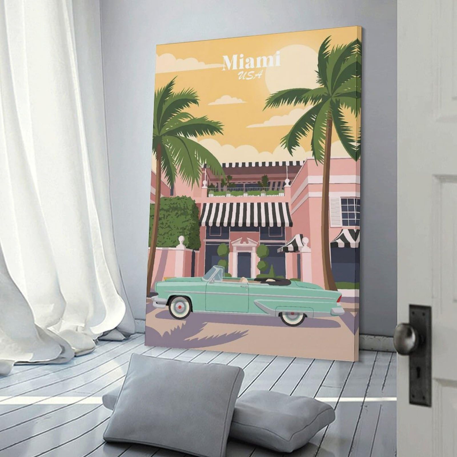 Junmoney Frame-Style-16-1 Home Decor Wall Art Miami Retro Convertible, 20X30inch(50X75cm), For Bedroom Decor, Cosy Corners Or Studios, Decorative Wall Art For Cosy Rooms