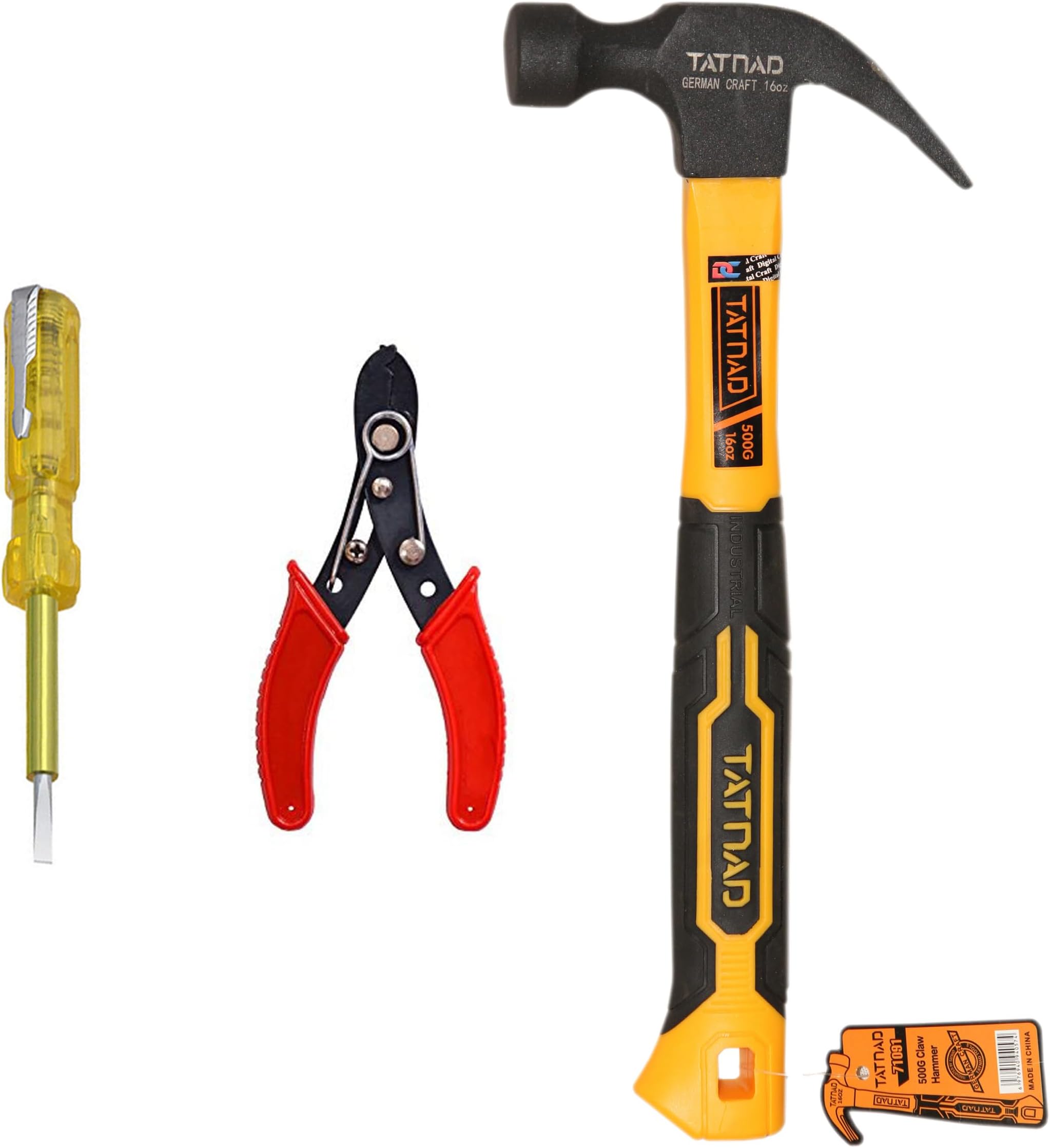 Digital Craft 3-Piece Hand Tool Kit – 500G Claw Hammer with Fiberglass Handle, Wire Stripper & Electrical Line Tester – Ideal Tools for Electrical, DIY & Home Maintenance