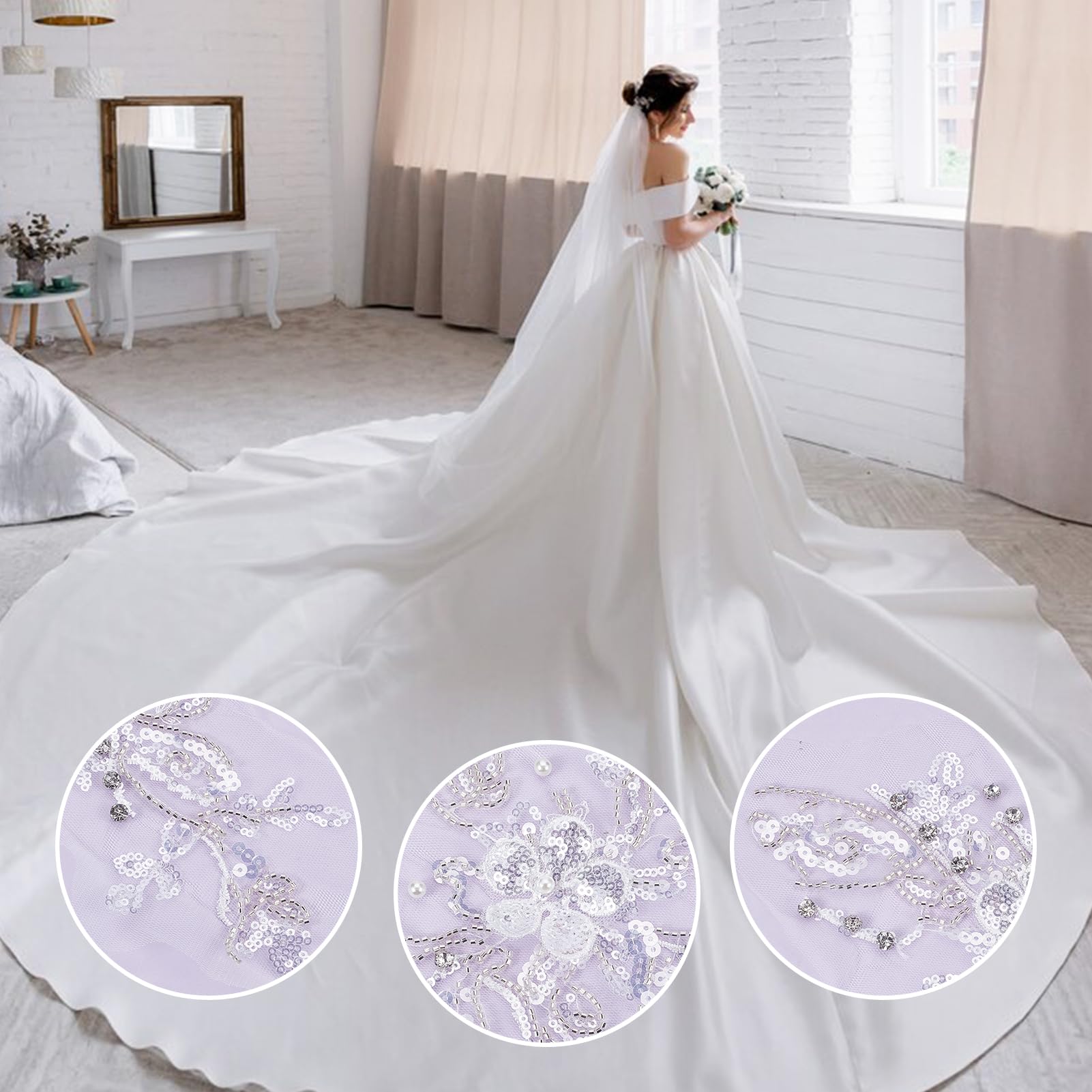 2 pz. Applique In Pizzo con Fiori di Strass, Toppa Ricamata con Perline e Paillettes, Toppa Da Cucire con Perline di Lusso, Ricamata con Fiori Bianchi, per Abiti Da Sposa e Decorazioni.