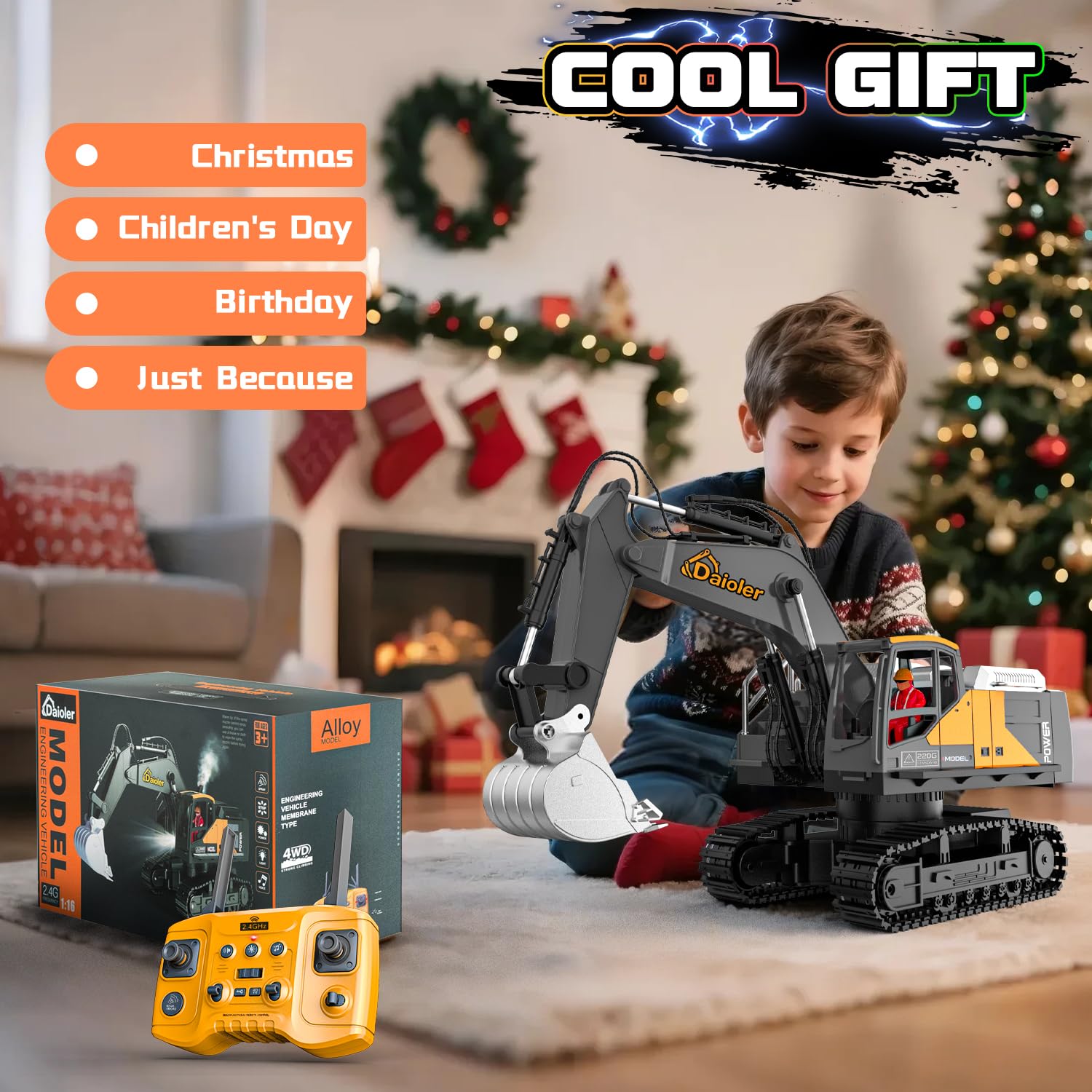 Rc Escavatore giocattolo da costruzione per bambini 3-12, auto telecomandata con spray, pala in metallo /3 × batteria /680° rotazione/luce, escavatore idraulico per ragazzi compleanno