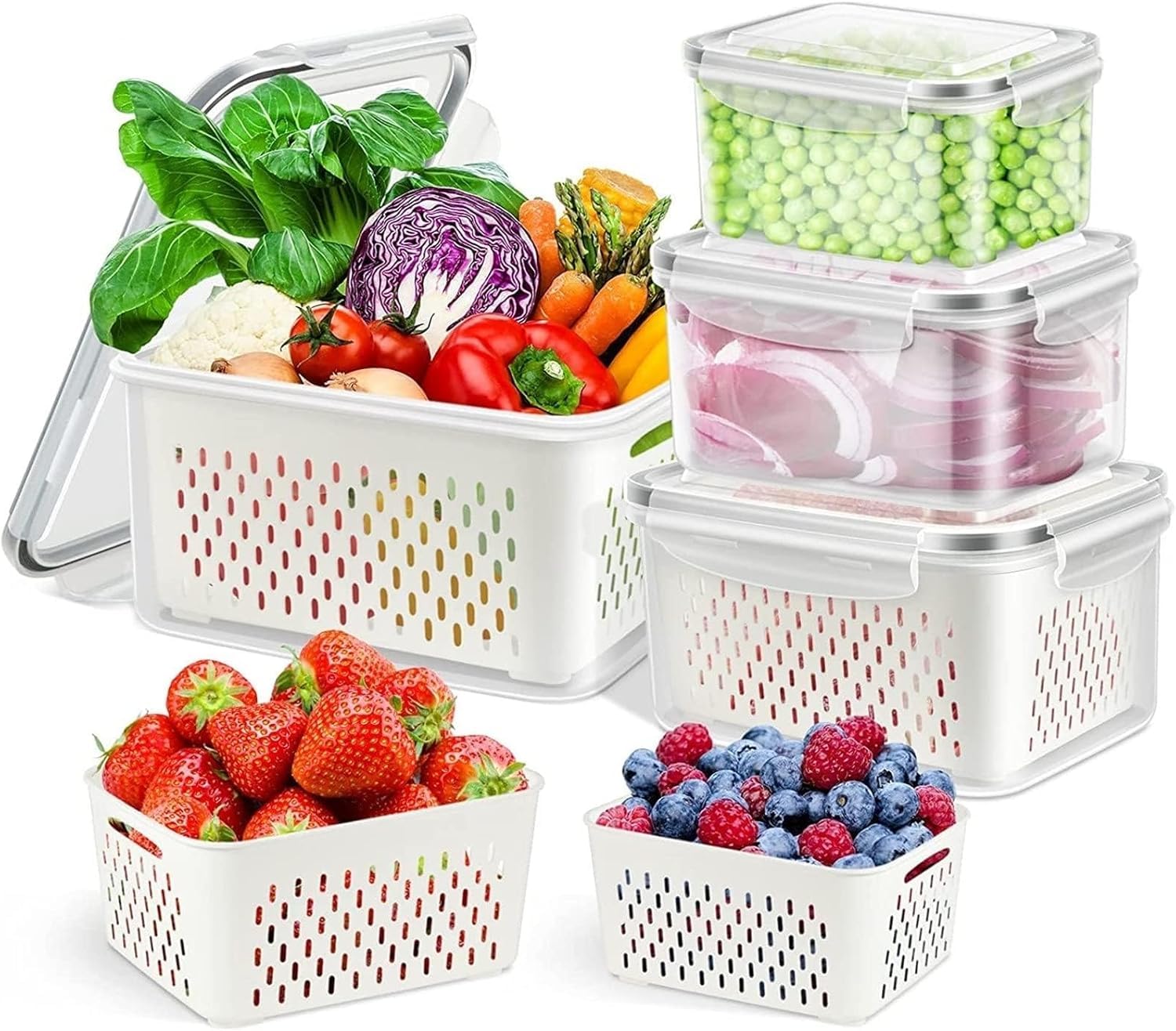 - Set of 4 with Drain Basket Fruit Storage Containers, King Size to Mini Tall Airtight Fridge Fresh Produce organizer, used for food Frozen Vegetable and Salad refrigerator