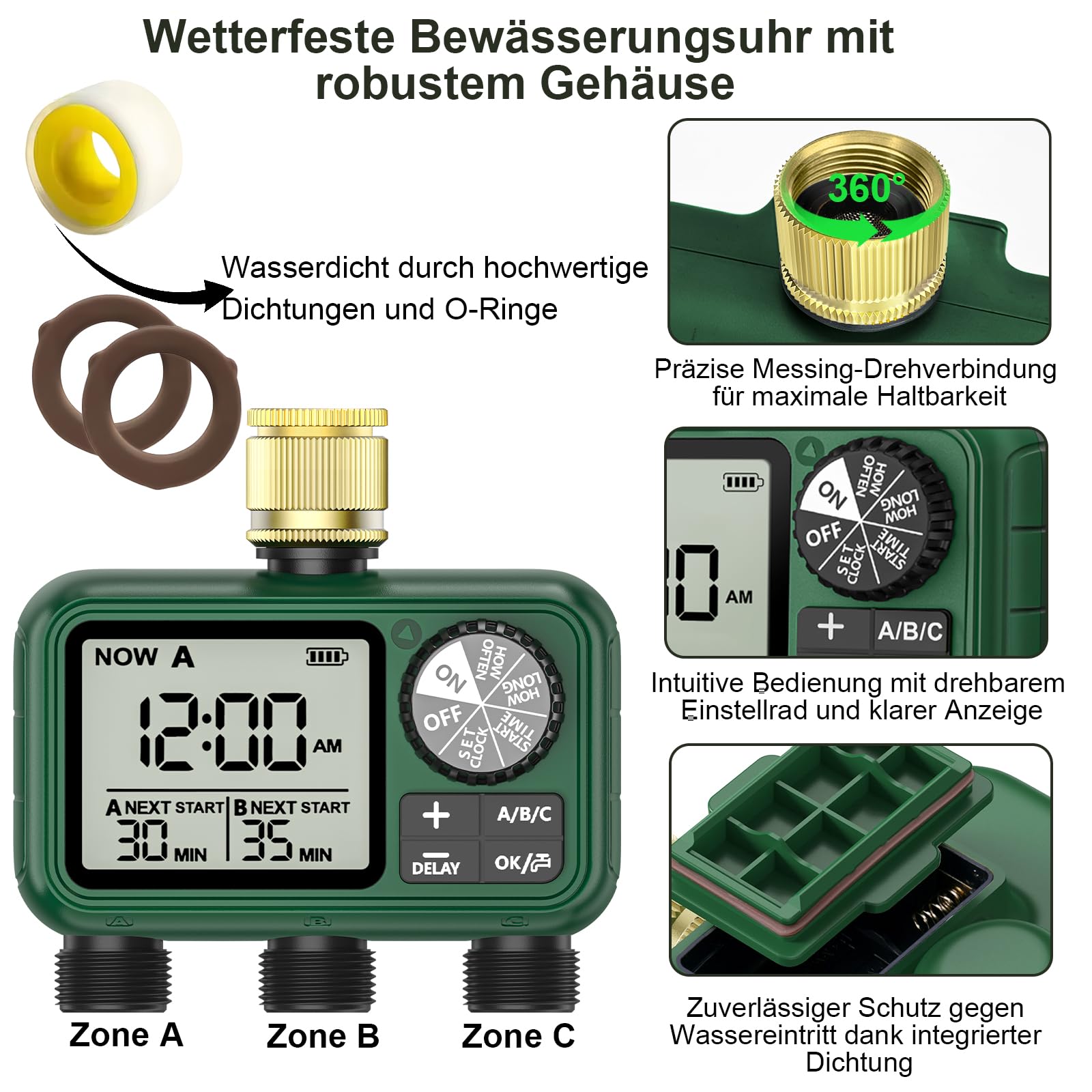 Timer zraszacza z 3 wyjściami z mosiądzu, programowalny timer węża ogrodowego z opóźnieniem deszczu, ręczny i automatyczny system nawadniania, do 3 oddzielnych stref nawadniania