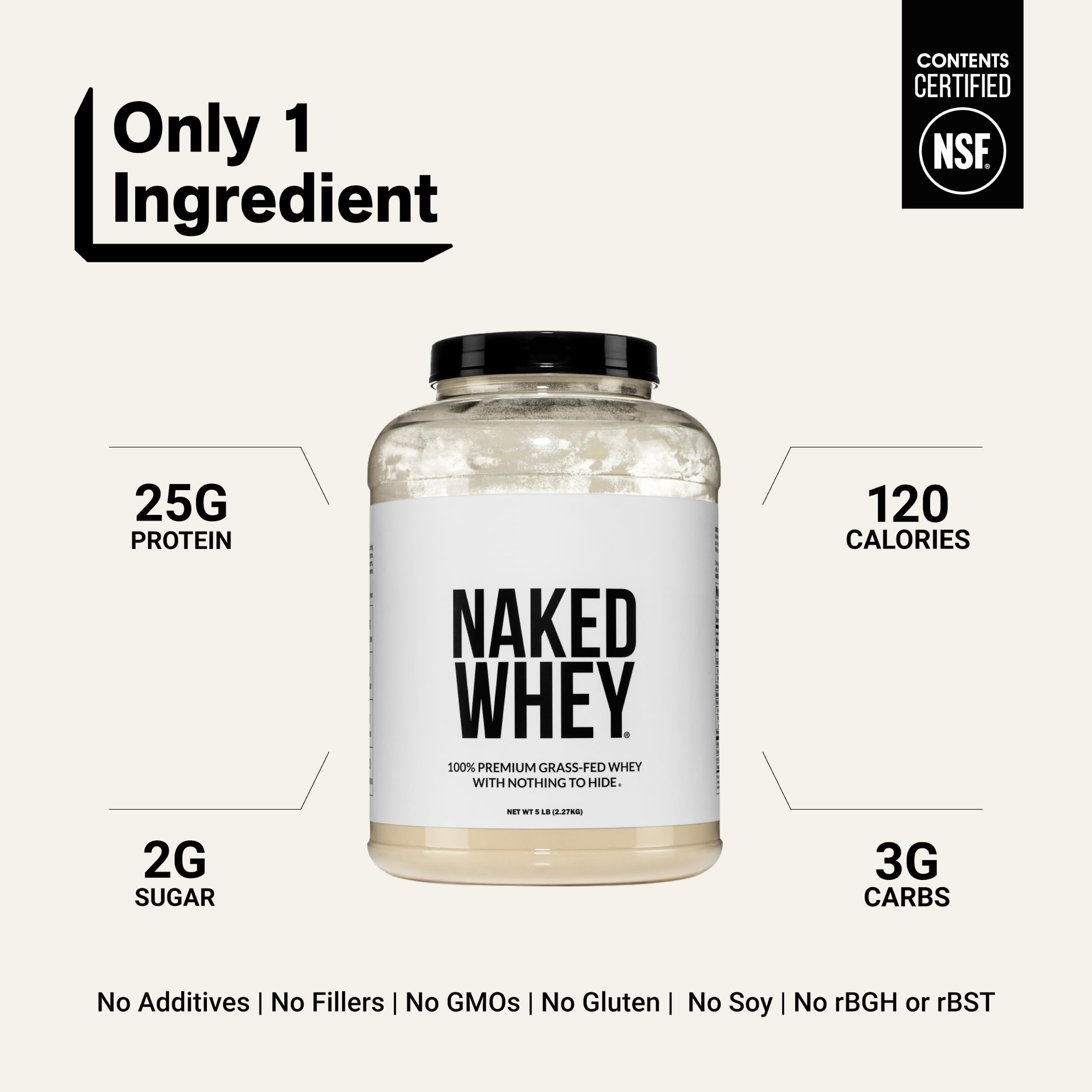 NAKED Whey 5LB 100% Grass Fed Unflavored Whey Protein Powder - Only 1 Ingredient, NSF Certified, Undenatured, Gluten Free, Soy Free, Promote Muscle Growth and Recovery - 76 Servings — Amazon image 3