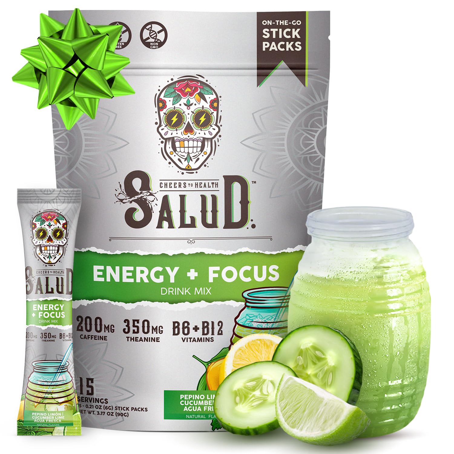 Salud 2-in-1 Energy Drink Powder + Focus, Cucumber Lime, Organic Caffeine, B6 + B12, Theanine, Clean Energy Drink Packets, Agua Fresca Mix, Non-GMO, Gluten Free, Vegan, 1g of Sugar, (15 Servings)
