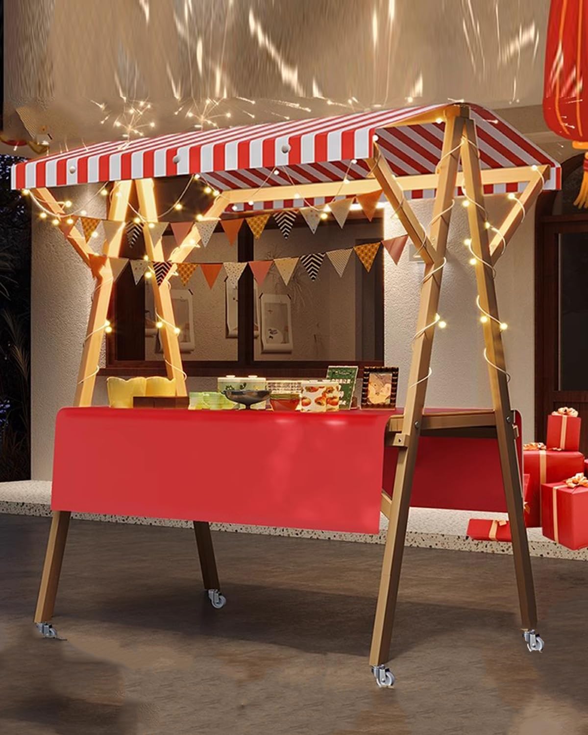 Marktstand Verkaufsstand Faltbarer Imbisswagen mit Rädern für Unternehmen, Süßigkeiten-/Eis-Verkaufsstand, Festivals, Strände, Kioske, Verkaufsstände, Pfahl(Width 150cm(59"))