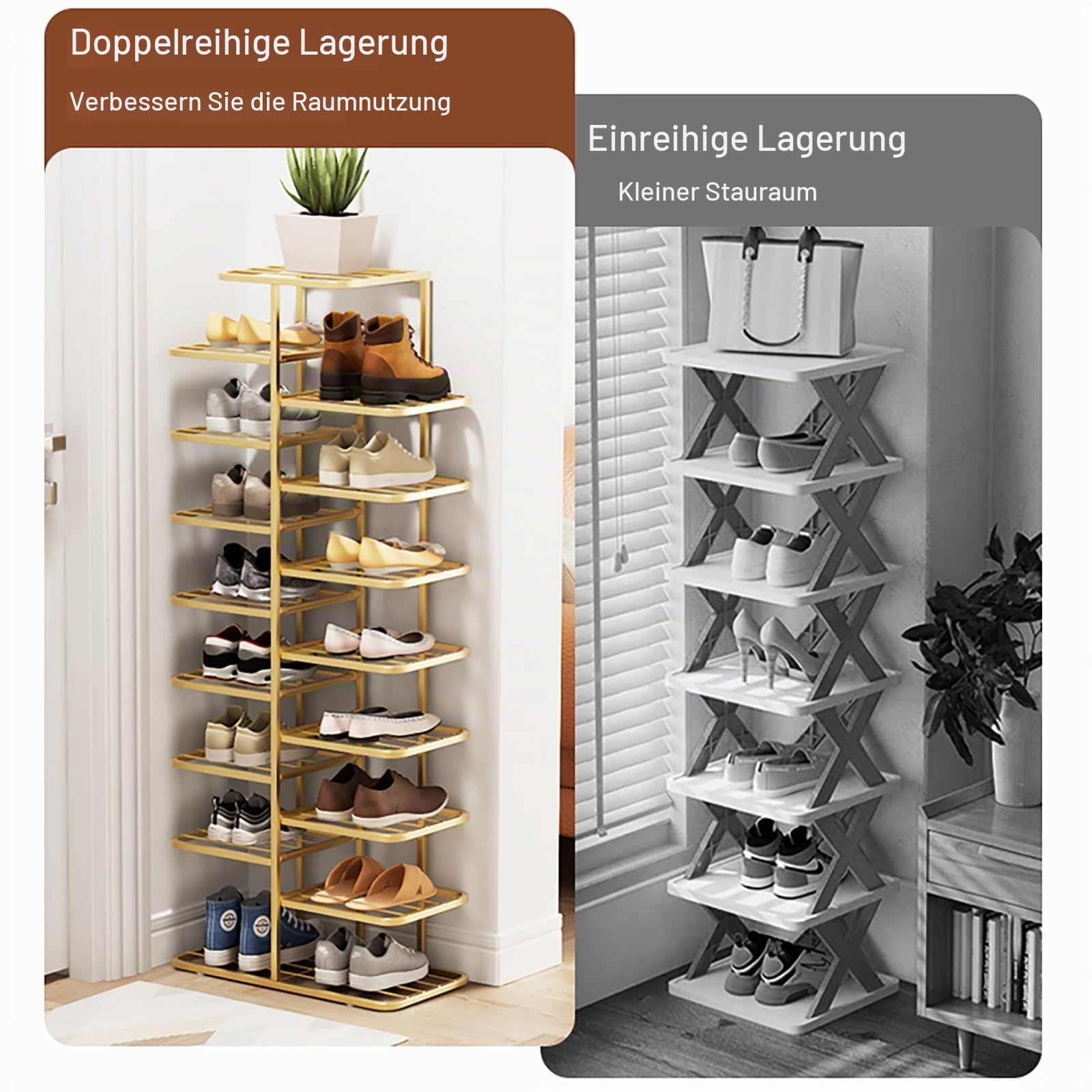 Schuhregal Metall Vertikales Schuhablage Offener Schuhschrank Hoch, Schuh-Organizer für Flur Schlafzimmer Eingangsbereich, Einfache Montage(Gold,93cm/36.6in)