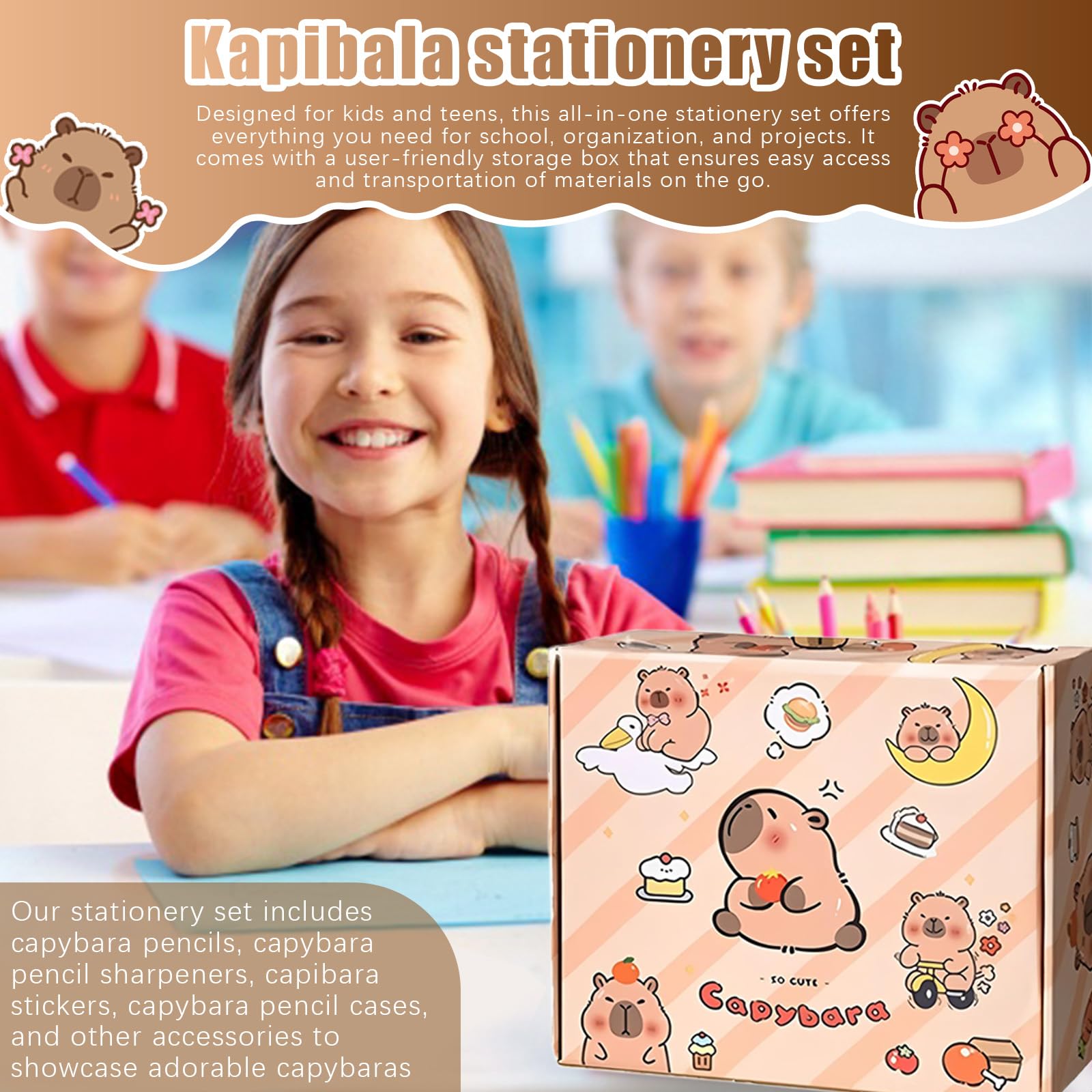 Papeterie Kawaii, Ensemble Papeterie Capybara Trousse à Crayons Grande Capacité Kapibara Fourniture Scolaire Kawaii pour Le Bureau/l'École/Les Étudiants/Les Enfants