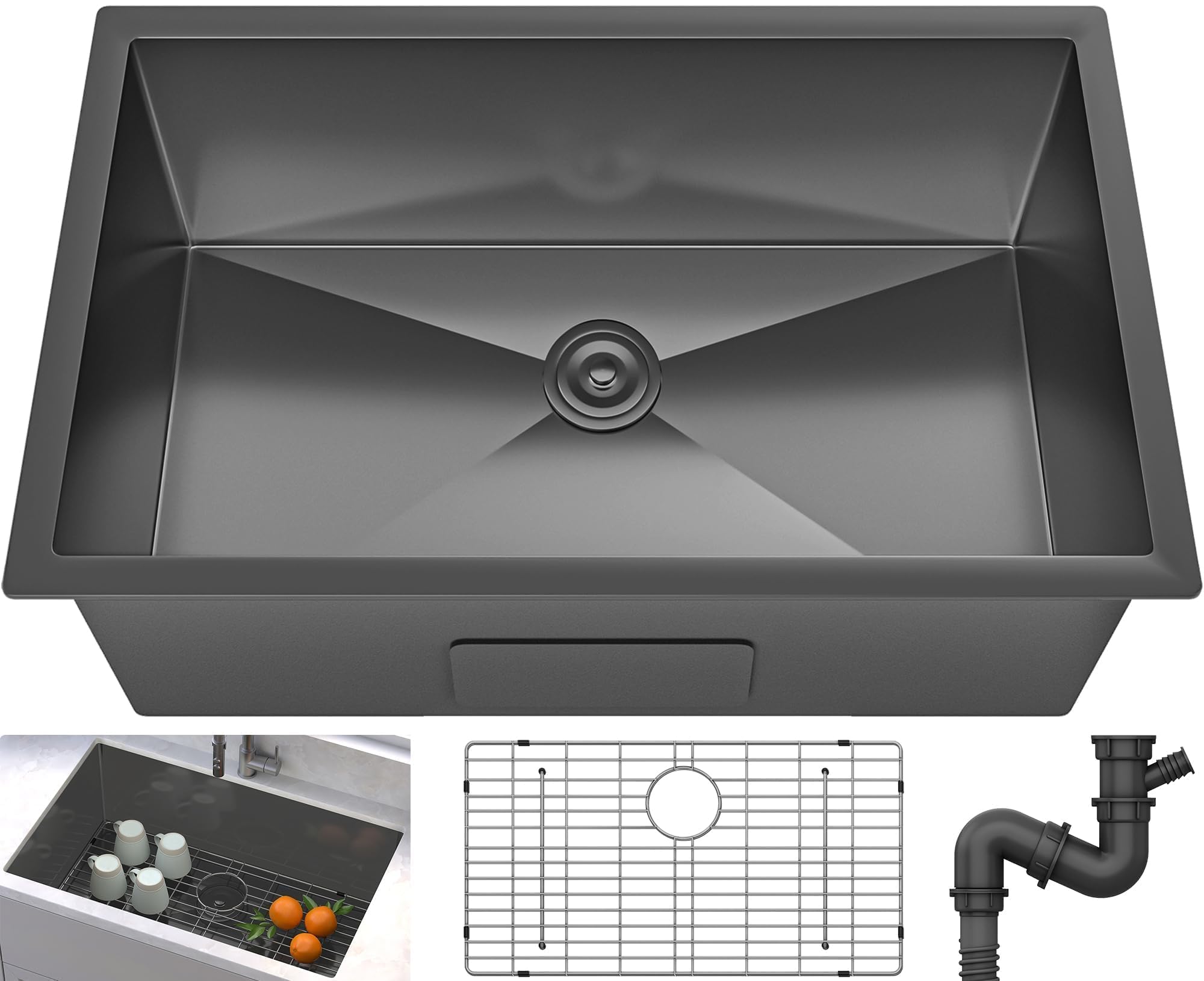 YITAHOME Black Kitchen Sink 32in Undermount Sink Single Bowl 16 Gauge Stainless Steel Nano Gunmetal Black Sink with Accessories for Workstation, Prep Kitchen, Bar Sink