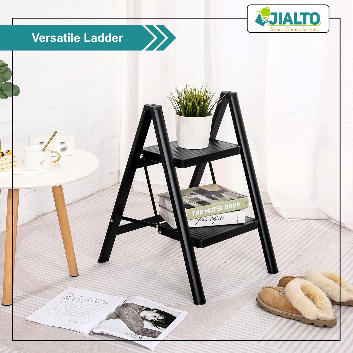 JIALTO 2 Step Metal Ladder for Home, Foldable Lightweight Stepping Stool with Wide Pedals, Anti Slip Heavy Duty 150 Kg Capacity, Portable for Kitchen, Office & Library (Black) — Amazon image 3