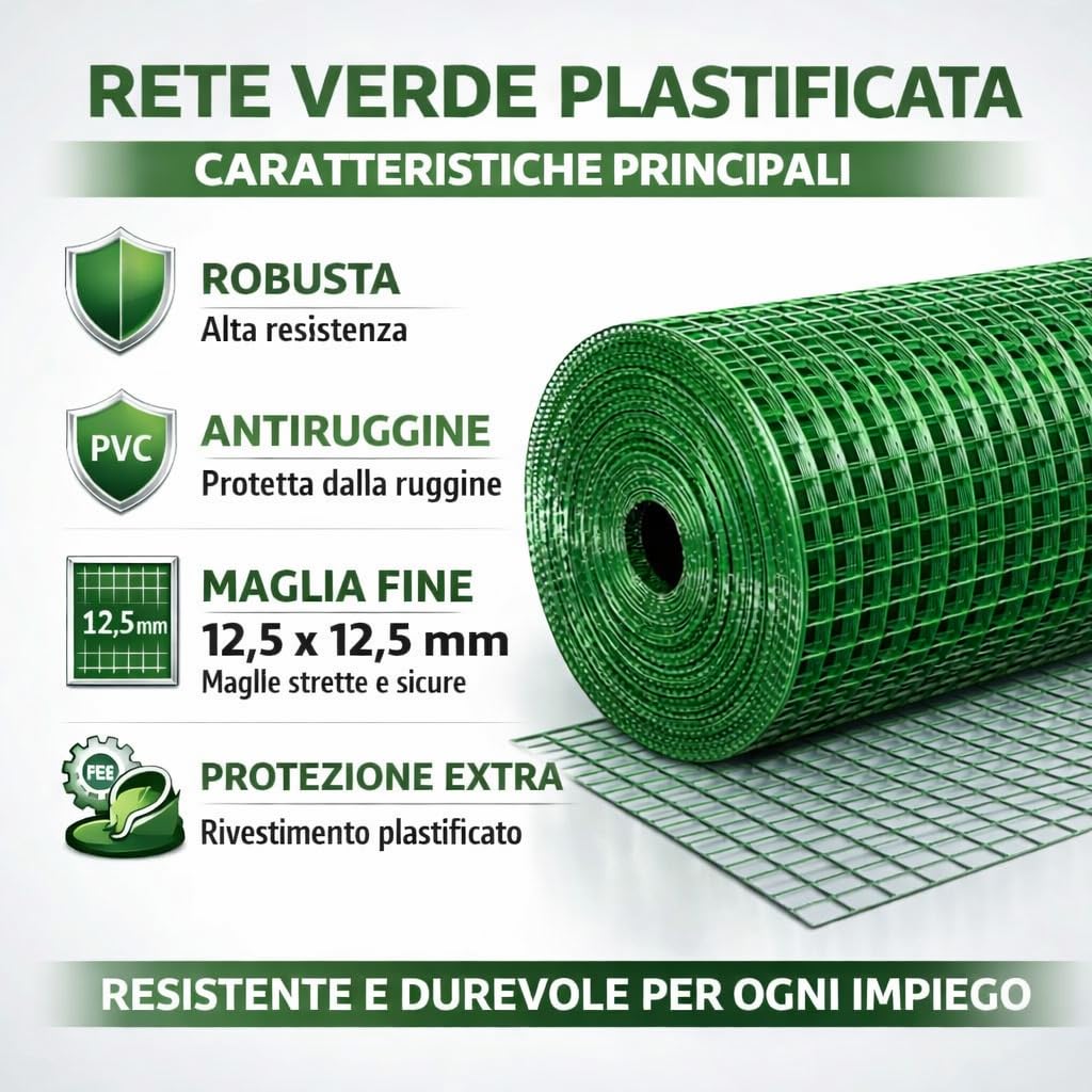 Rete Metallica Elettrosaldata Plastificata Verde, Reti Recinzione per Pollaio Giardino Conigli Gabbie Animali e Piante a Maglia Piccola Quadrata 12,5x12,5 mm - Rotolo 1,5 X 10 MT