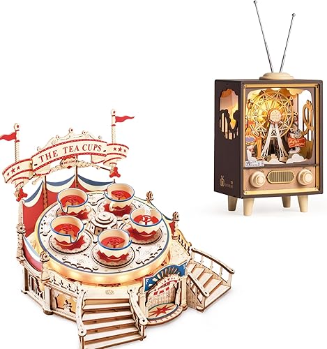 Miniatura 1 de Caja musical de madera de bricolaje, rompecabezas de madera 3D para adultos (carnaval de atardecer+taza de té giratoria)