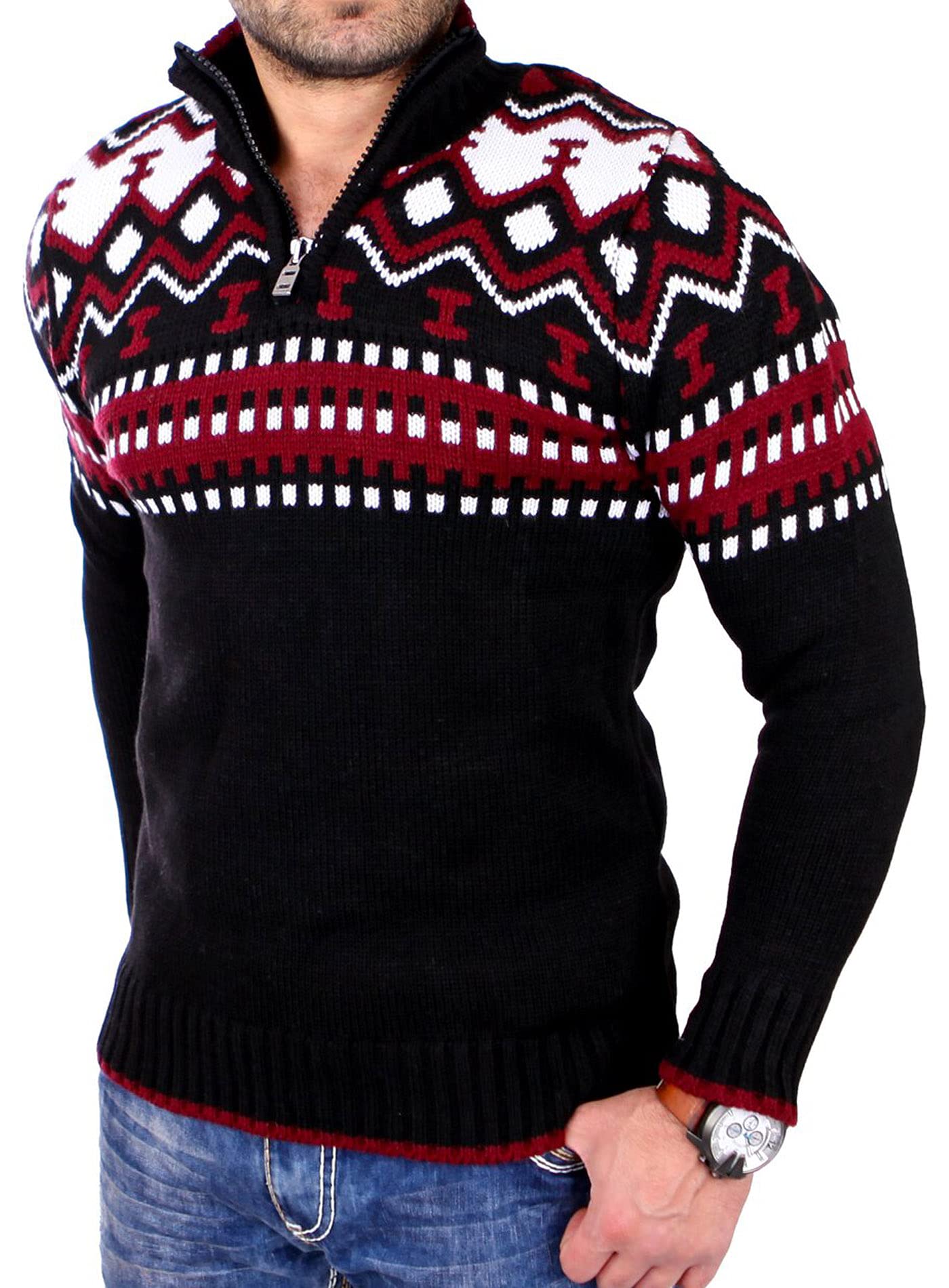 Reslad Herren Strickpullover Crewneck Zipper Winterpullover für Männer Norweger Pullover RS-3110