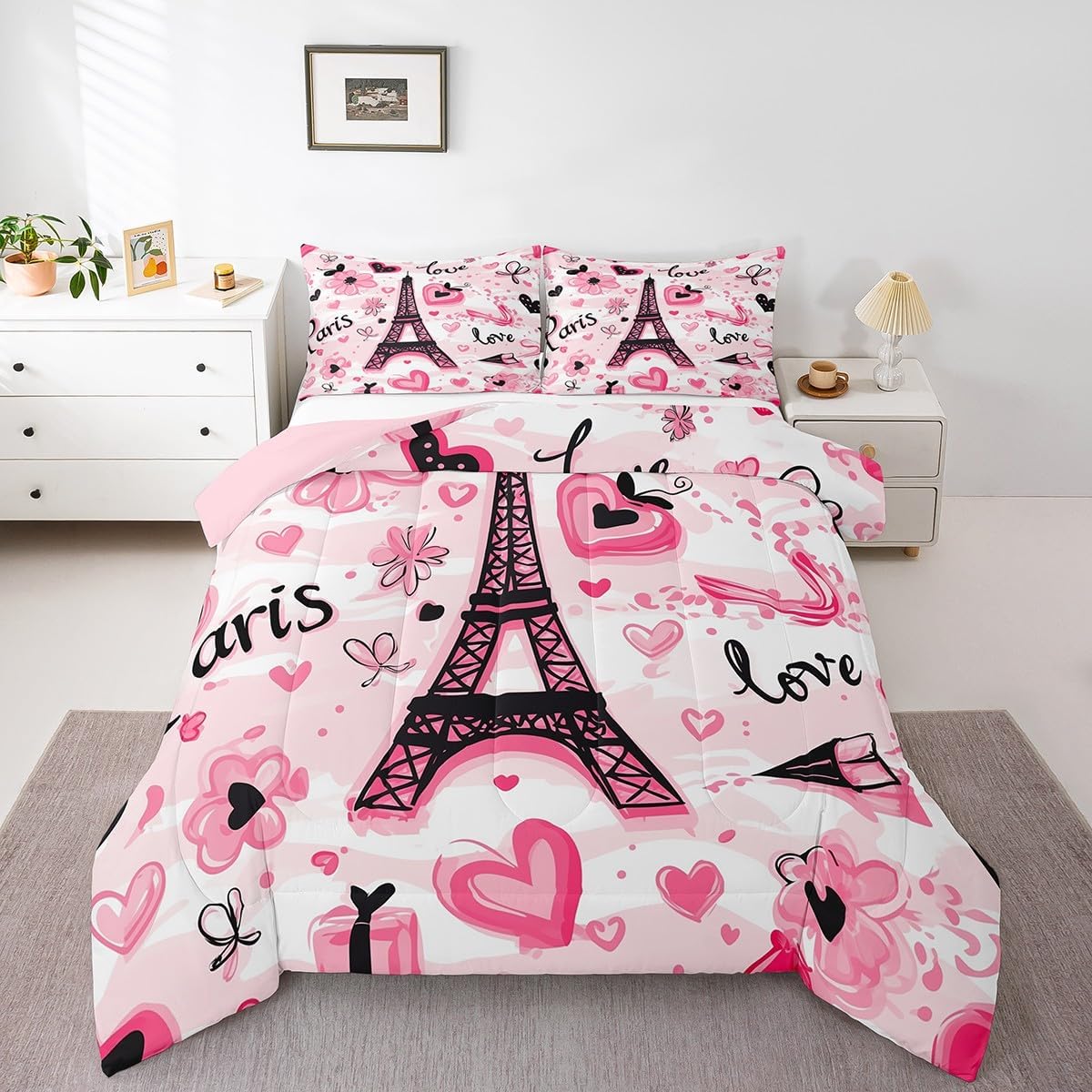 Feelyou Kids Eiffel Tower Comforter Set Twin Size Valentine's Day Bedding Set Boys Girls Love Flower Floral Quilt Set France Paris Romantic City Bed Set