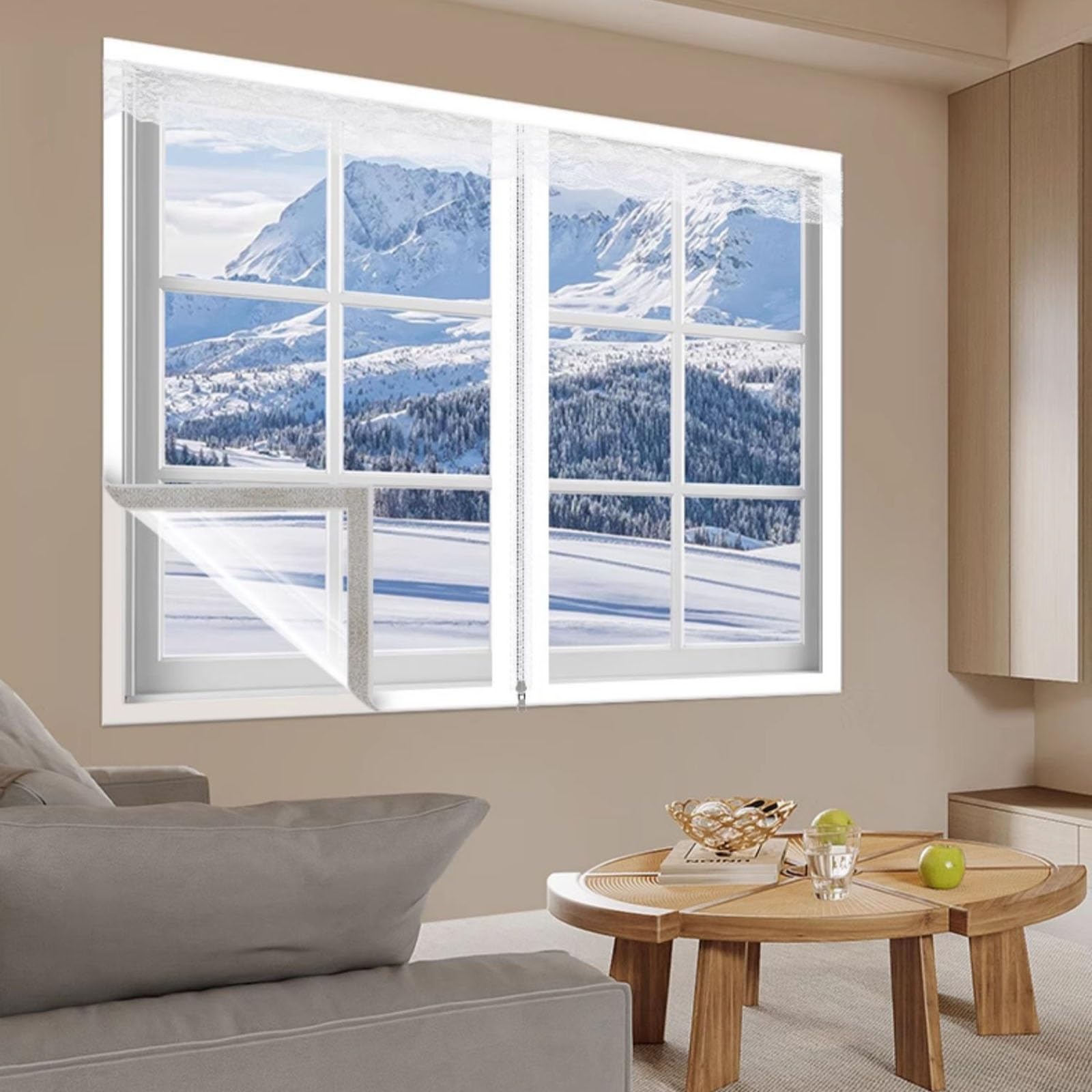 Selbstklebende Transparente Thermovorhang, Winddichte, Schalldichte Thermovorhänge mit Reißverschlüssen, für Alle Arten von Fenstern(White,120X150cm)