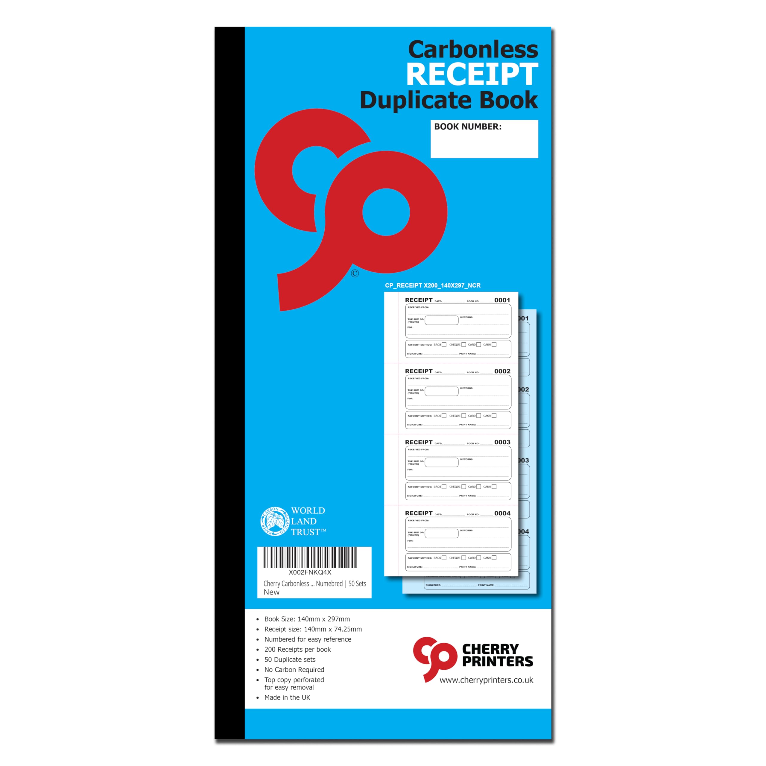 Cherry Printers Carbonless NCR Receipt Duplicate Book | 140mm x 297mm | 200 Receipts per Book | Numbered | 50 Sets — image 1
