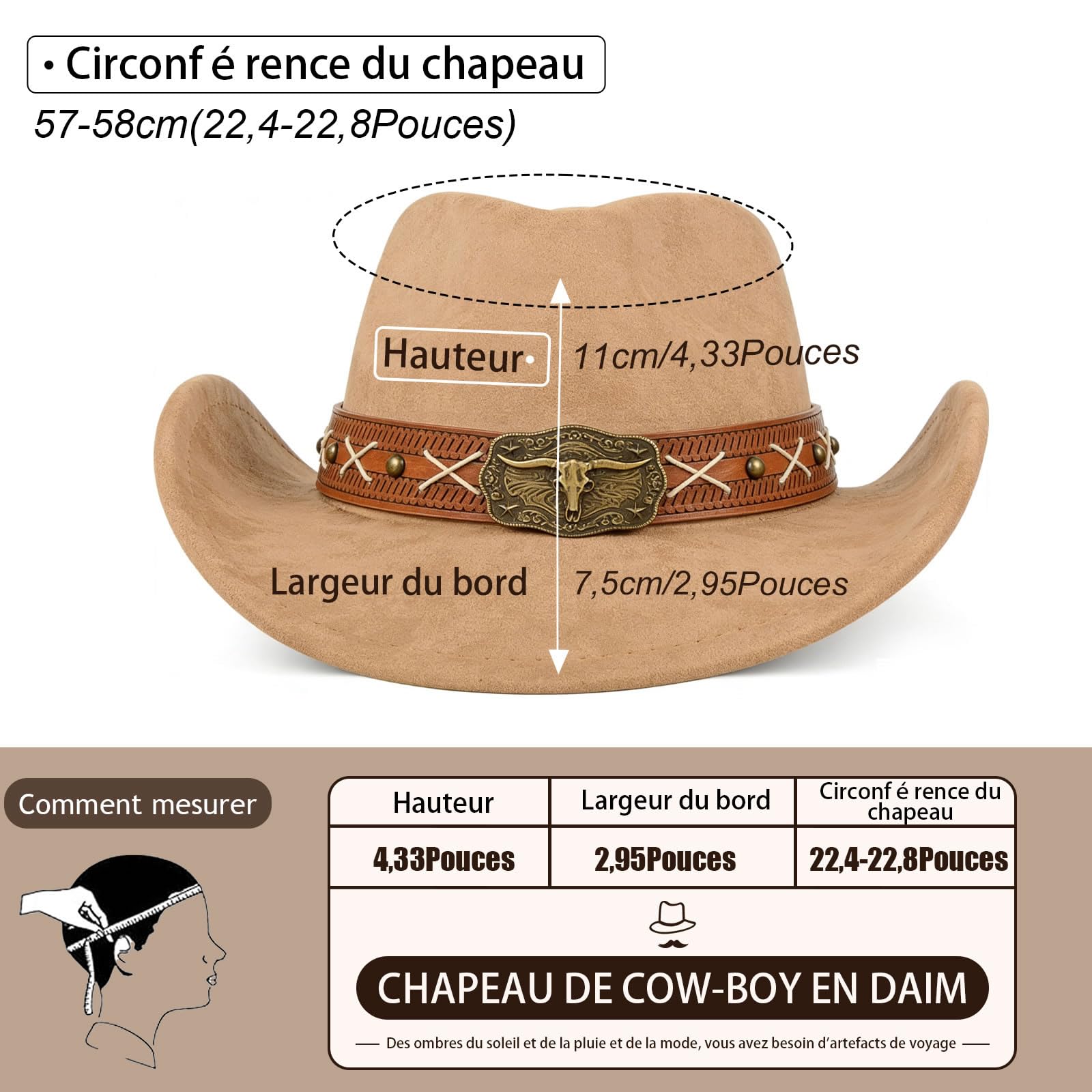 MYKAGS Chapeau de Cowboy, Unisexe, Chapeau de Cowboy Classique avec emblème métallique en Forme de Taureau, adapté Aussi Bien aux Occasions décontractées qu'aux Occasions Formelles(Chameau)
