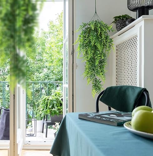 Miniatura 4 de RECUTMS 6 tallos de helechos artificiales y plantas artificiales colgantes de plástico de helecho Boston falsas, plantas de plástico para interiores