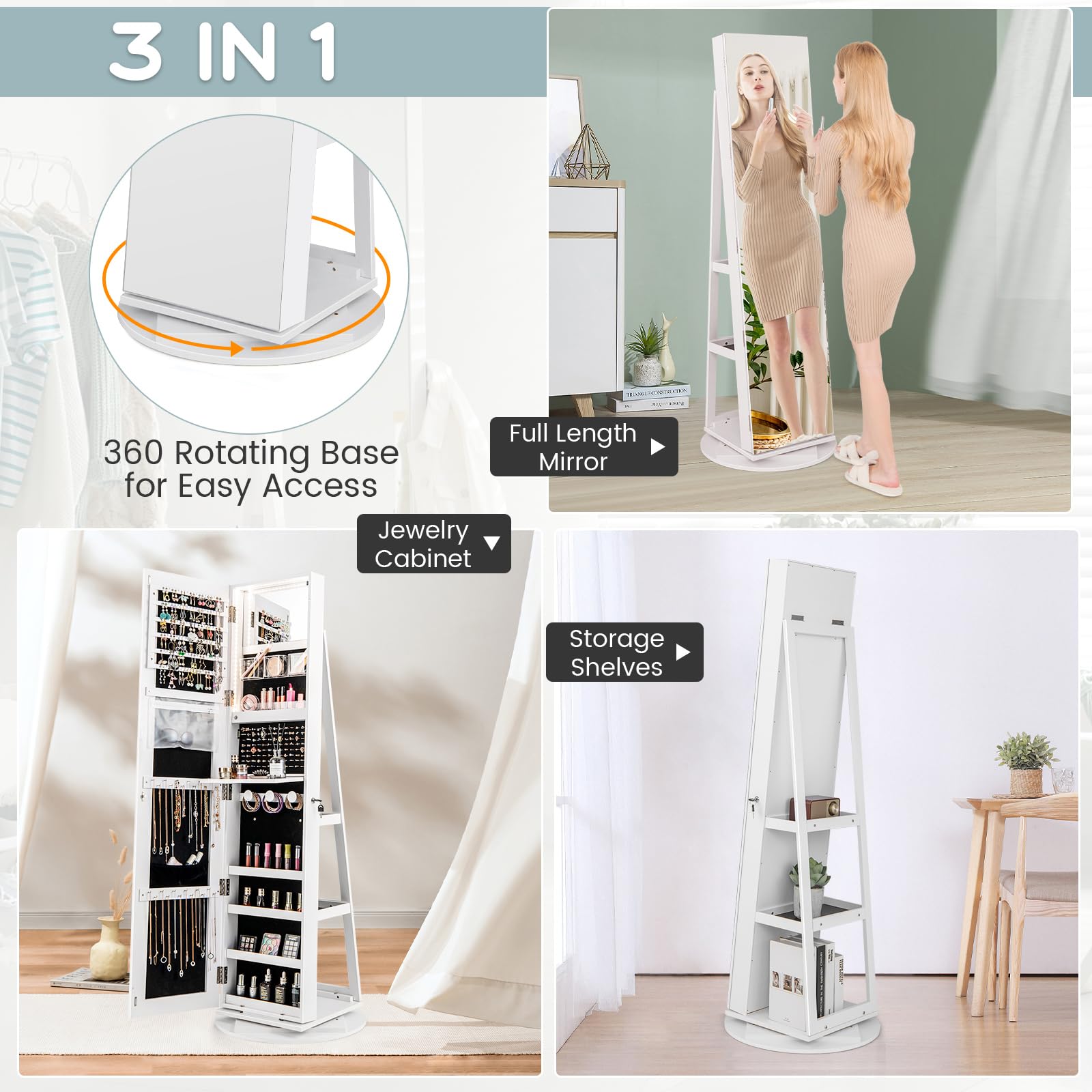 HAPPYGRILL 360° Jewelry Armoire w/Full Length Mirror, Jewelry Storage Organizer w/3-Color LED lights, Storage Shelves, Inside Flip-Open Mirror, Standing Jewelry Cabinet for Women Grils(White)