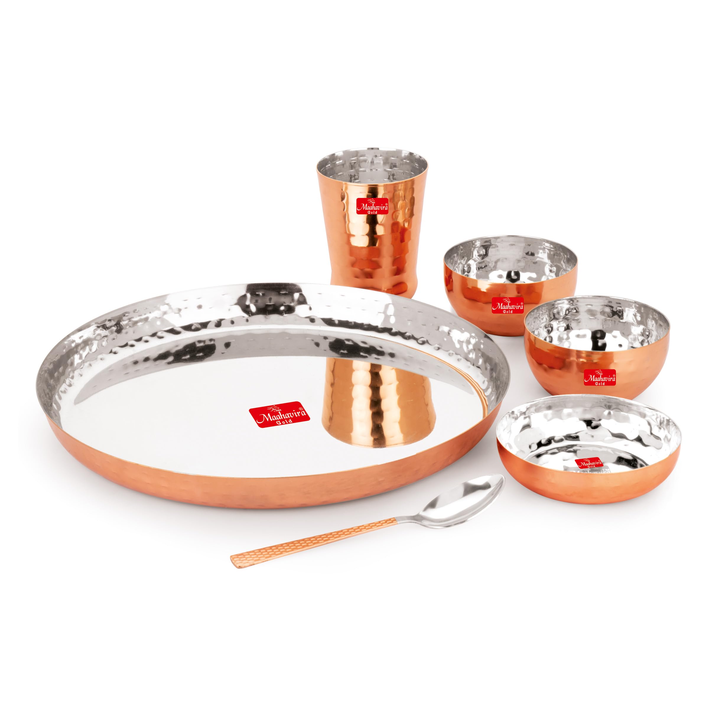 Maahavira Gold Round Copper Hammered Finish Dinner Sets Used for Home & Restaurant with 1 Thali, 2 Bowls, 1 Sweet Dish, 1 Glass & 1 Spoon-Set of 6