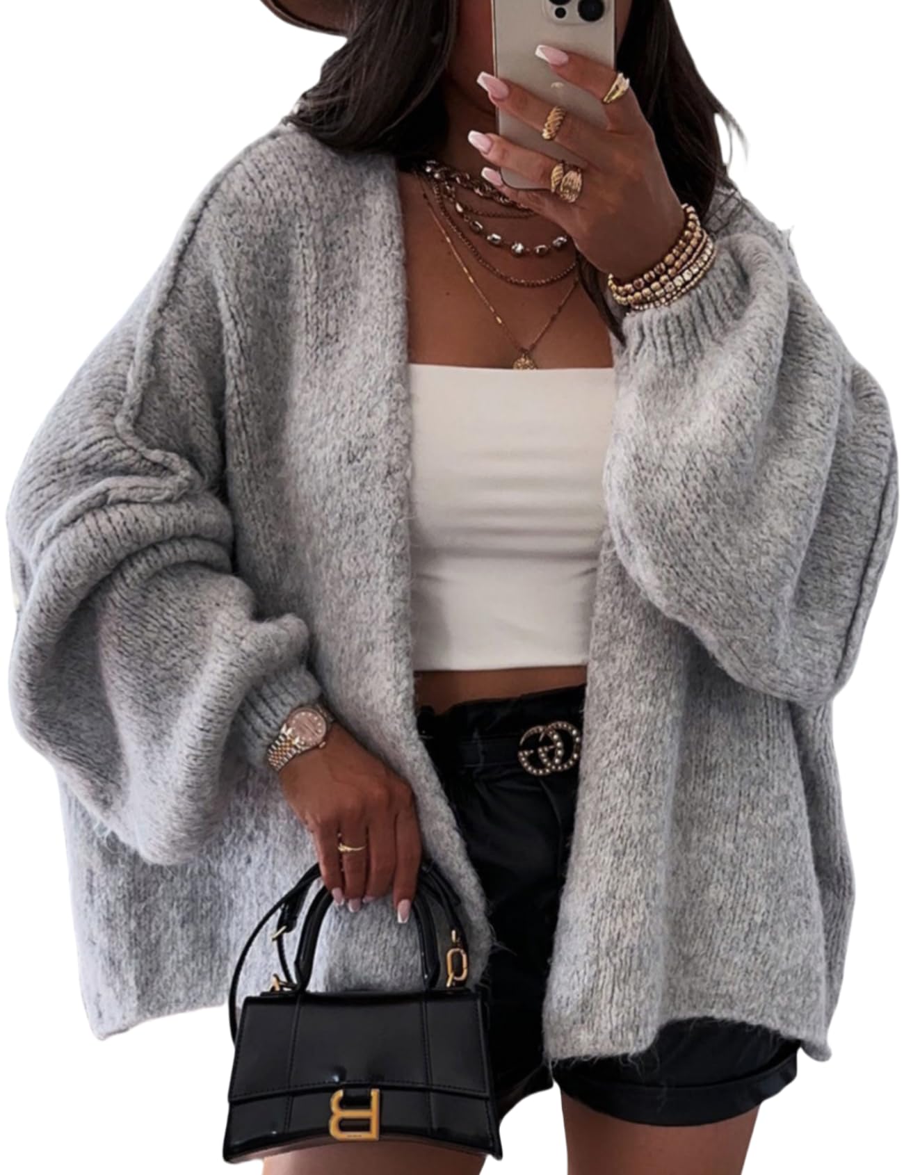 Perbai Womens Oversized Chunky Cardigan Sweater Fall Batwing Lantern Long Sleeve Open Front Knit Sweater Jacket Small Lightgrey