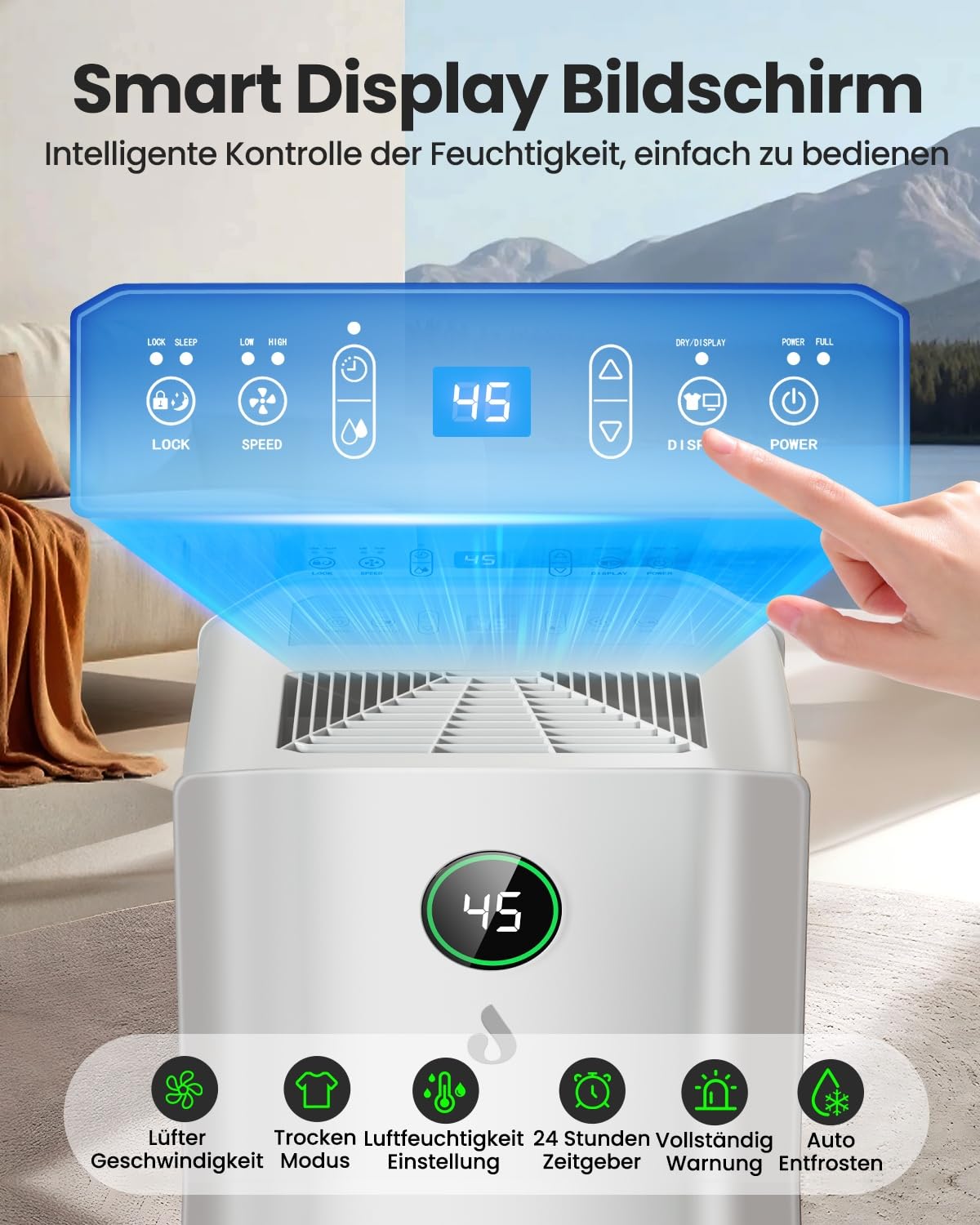 Deumidificatore automatico da 20 l/giorno, con indicatore di umidità digitale, timer da 24 H, serbatoio dell'acqua da 2,6 l, drenaggio continuo con tubo di scarico, 1,5 m, per casa, cantina, soggiorno