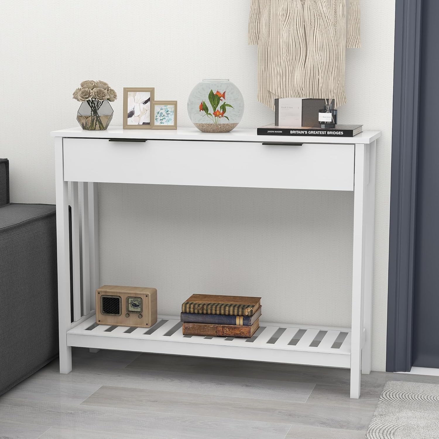 Consolle d'ingresso, armadio corridoio stretto con armadi, consolle in legno con mensola, ingresso, soggiorno, consolle tavolo, lato tavolo, credenza stretta, 30 x 100 x 75,5 cm, bianco - 2 ante di