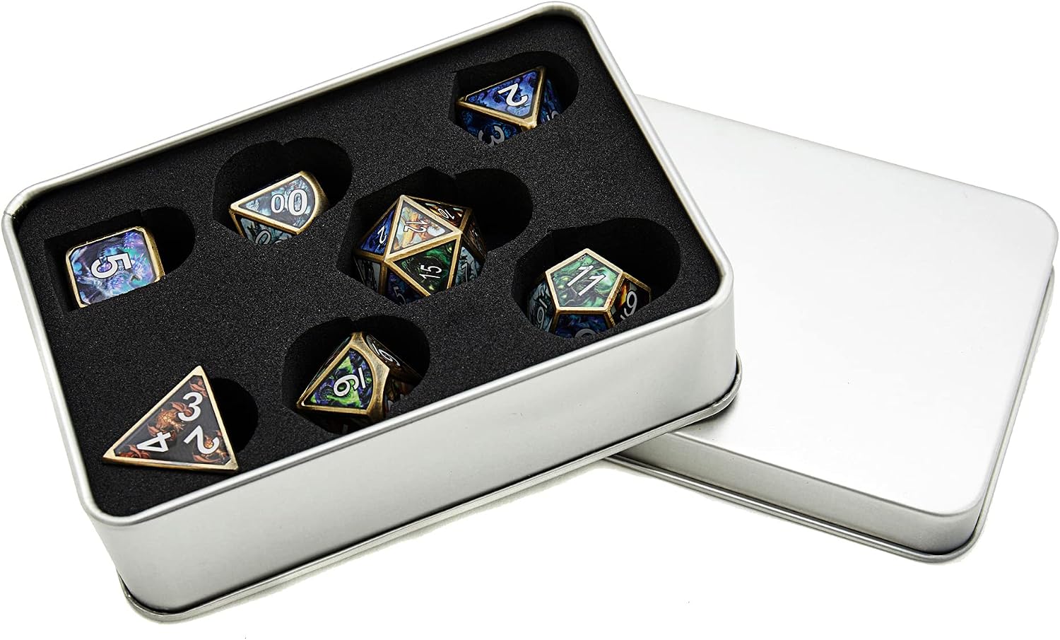 Dungeons and Dragons Design Polyhedral Metal Game Dice with Antique Iron Edge 7pcs Set for DND RPG MTG Table Games Pathfinder Shadowrun and Math Teaching D4 D6 D8 D10 D12 D20