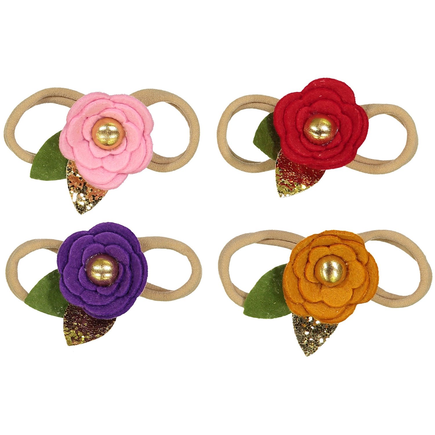 Baby Newborn Sparkle Flower Headbands - Assorted 4 Pack - Hair Accessories for Girls Nylon Headbands For Newborn Infant and Toddlers Handmade