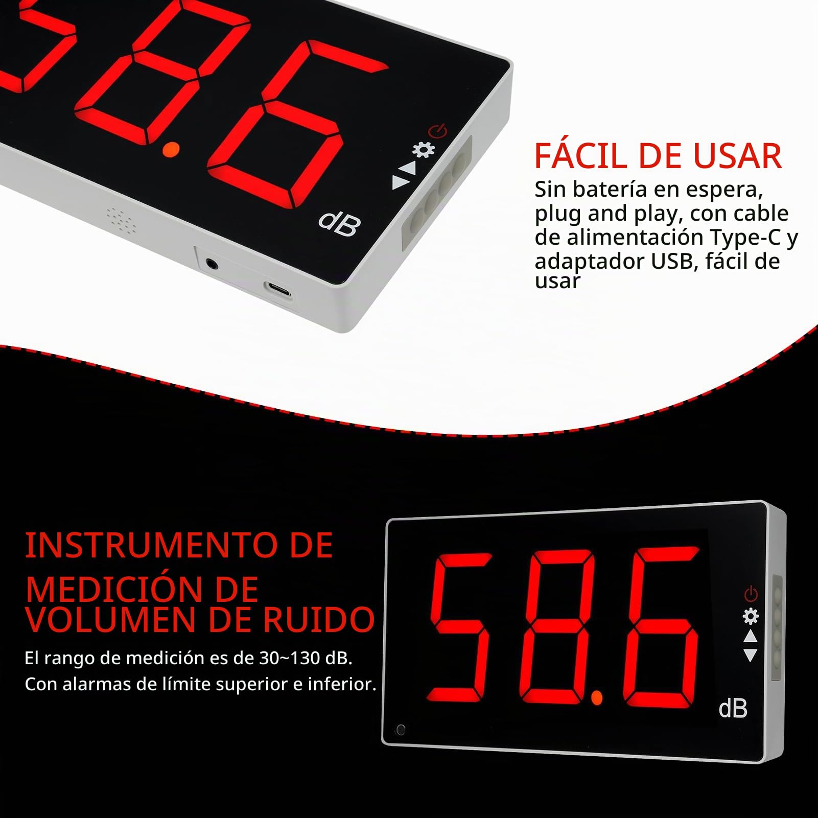 Medidor de Ruido, Medidor de Nivel de Sonido con Pantalla L Grande Medidor de Nivel de Sonido Digital montado en la Pared Medidor de Ruido Digital Probador de monitoreo de decibelios Instrumen